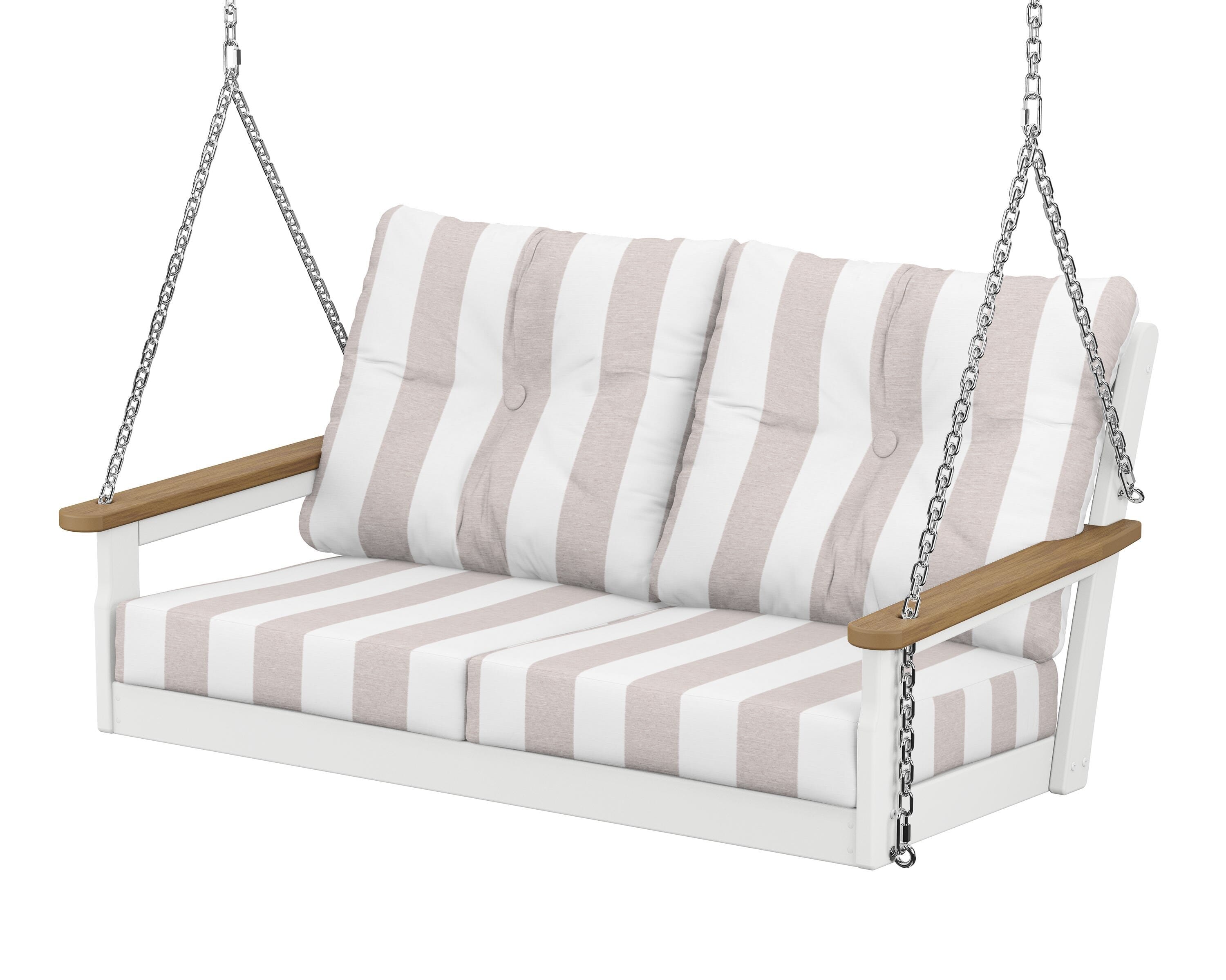 POLYWOOD® Vineyard Deep Seating Swing in White / Natural / Cabana Stripe Dune Burlap