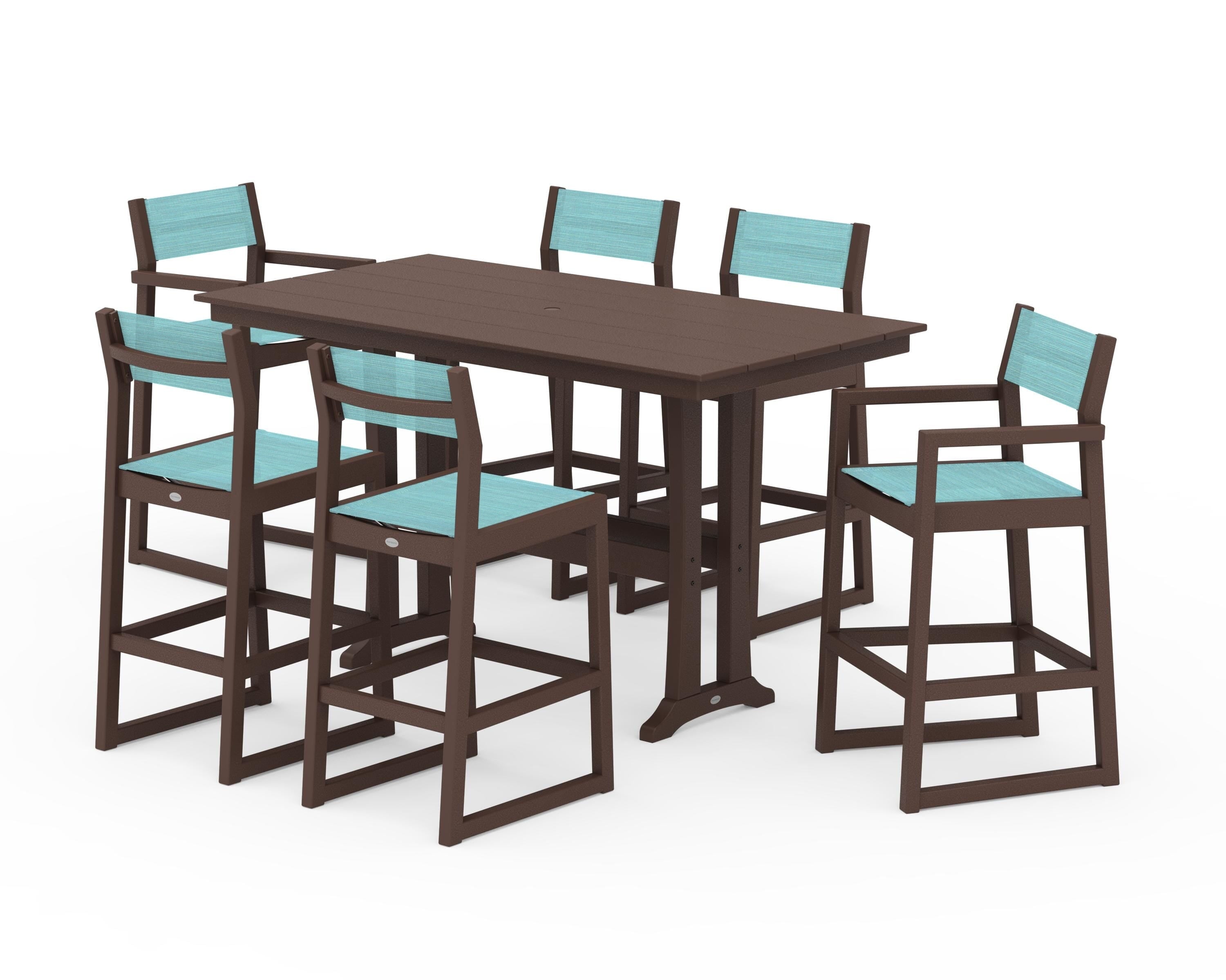 POLYWOOD® EDGE Sling 7-Piece Farmhouse Bar Set with Trestle Legs in Mahogany / Dupioni Aquamarine Sling