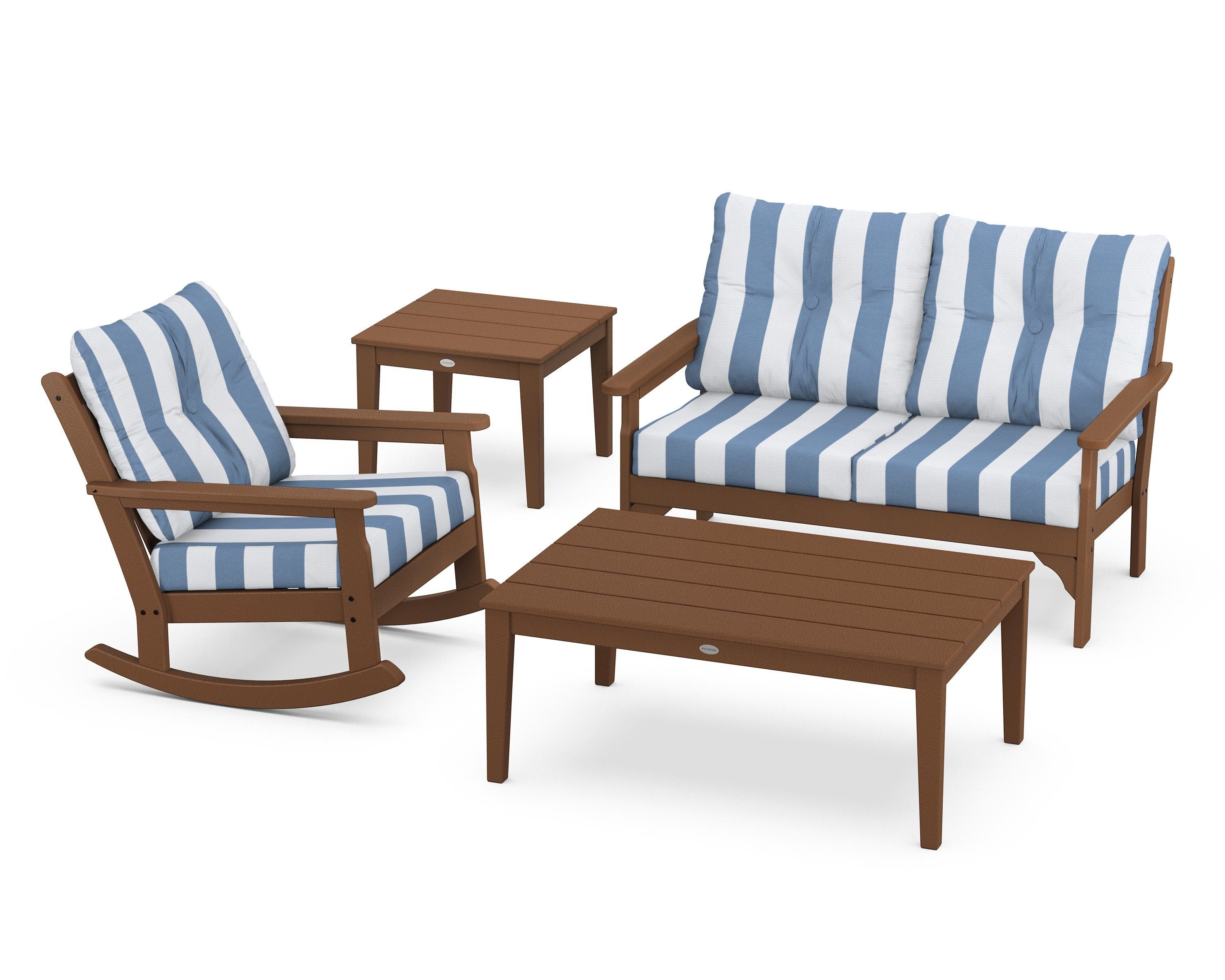 POLYWOOD® Vineyard 4-Piece Deep Seating Rocker Set in Teak / Cabana Stripe Sky Blue