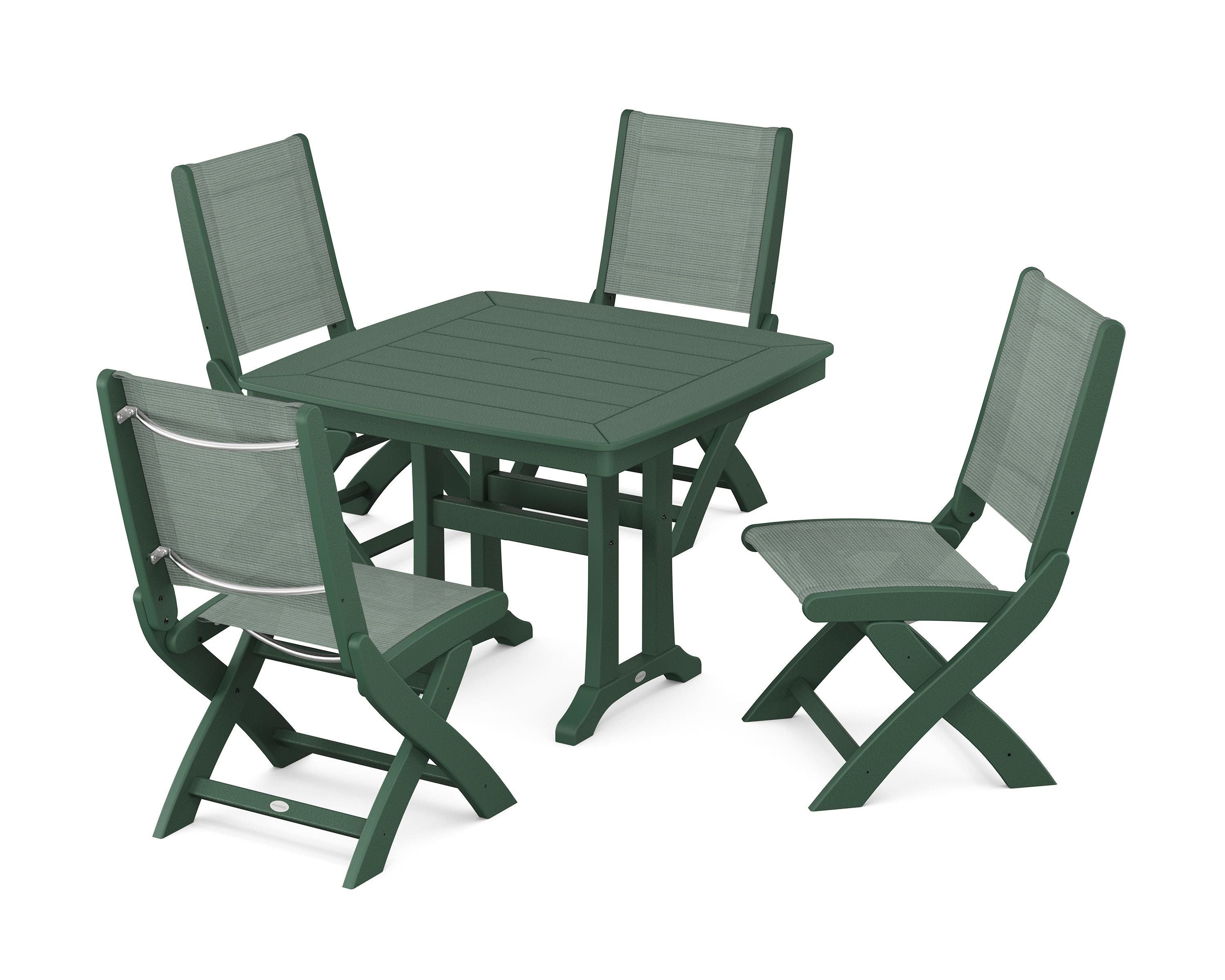 POLYWOOD® Coastal Folding Side Chair 5-Piece Dining Set with Trestle Legs in Green / Dupioni Sea Mist Sling