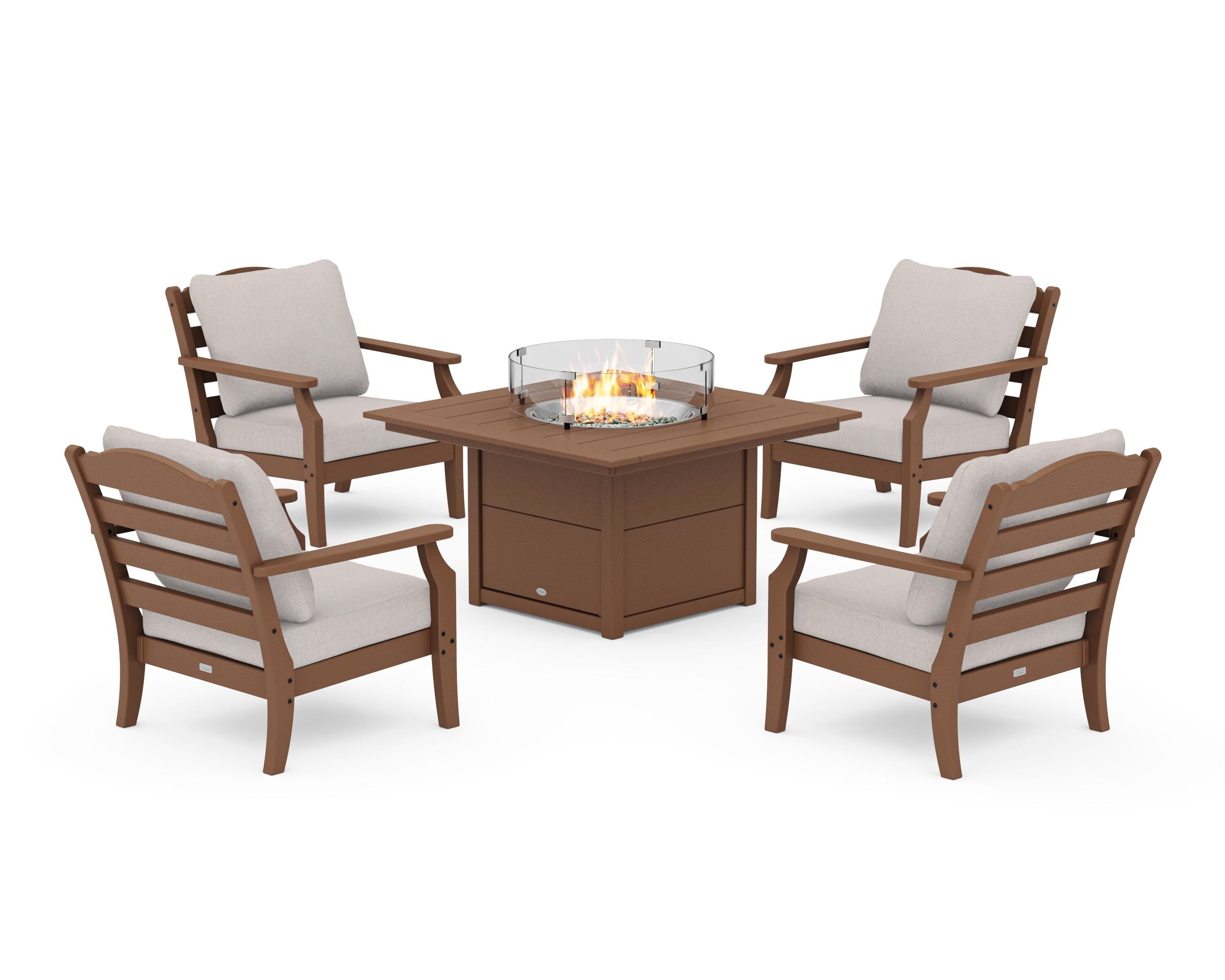 Draper James™ by POLYWOOD® Savannah 5-Piece Deep Seating Set with Fire Pit Table in Teak / Dune Burlap