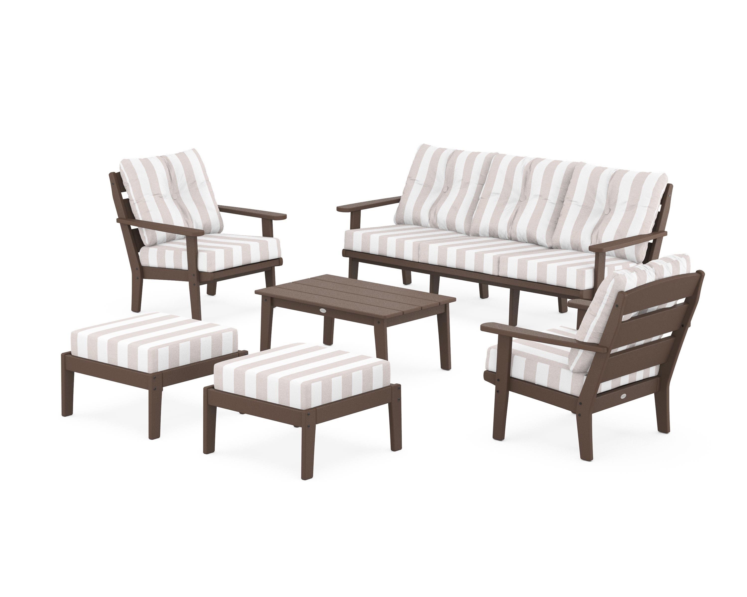 POLYWOOD® Lakeside 6-Piece Lounge Sofa Set in Mahogany / Cabana Stripe Dune Burlap