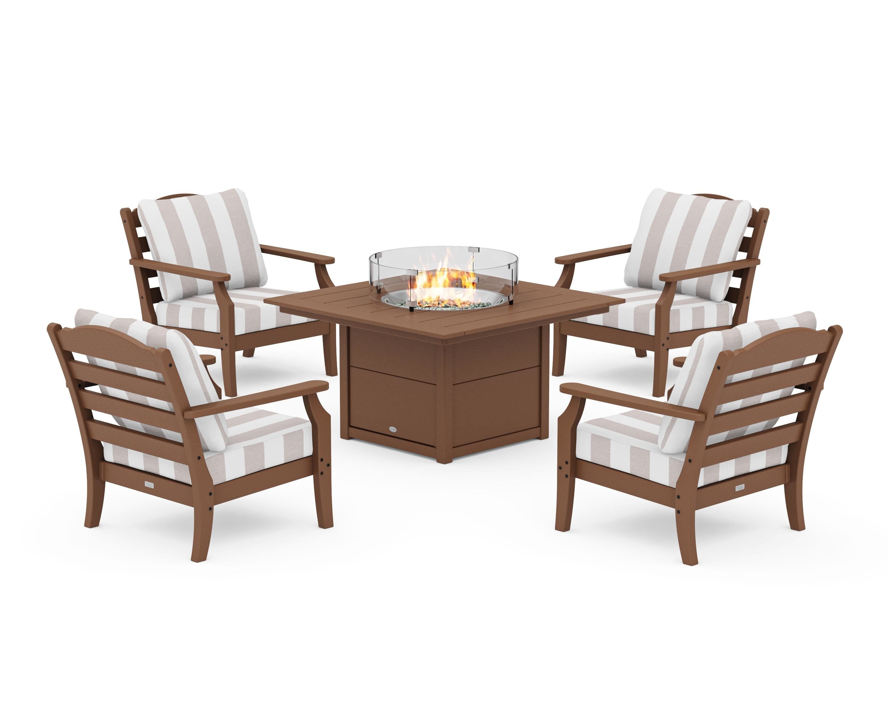 Draper James™ by POLYWOOD® Savannah 5-Piece Deep Seating Set with Fire Pit Table in Teak / Cabana Stripe Dune Burlap