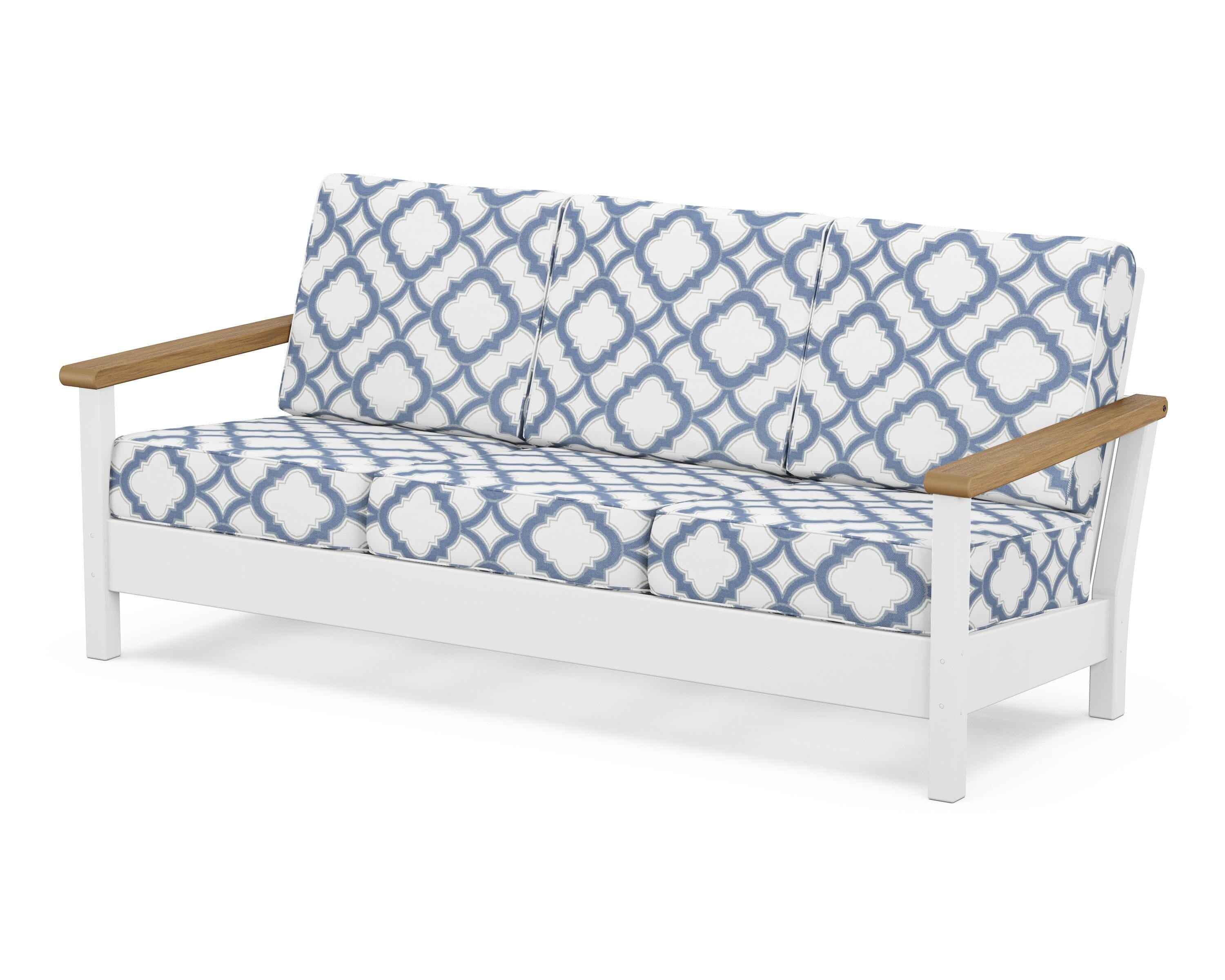 POLYWOOD® Harbour Deep Seating Sofa in White / Natural / Trellis Sky Blue