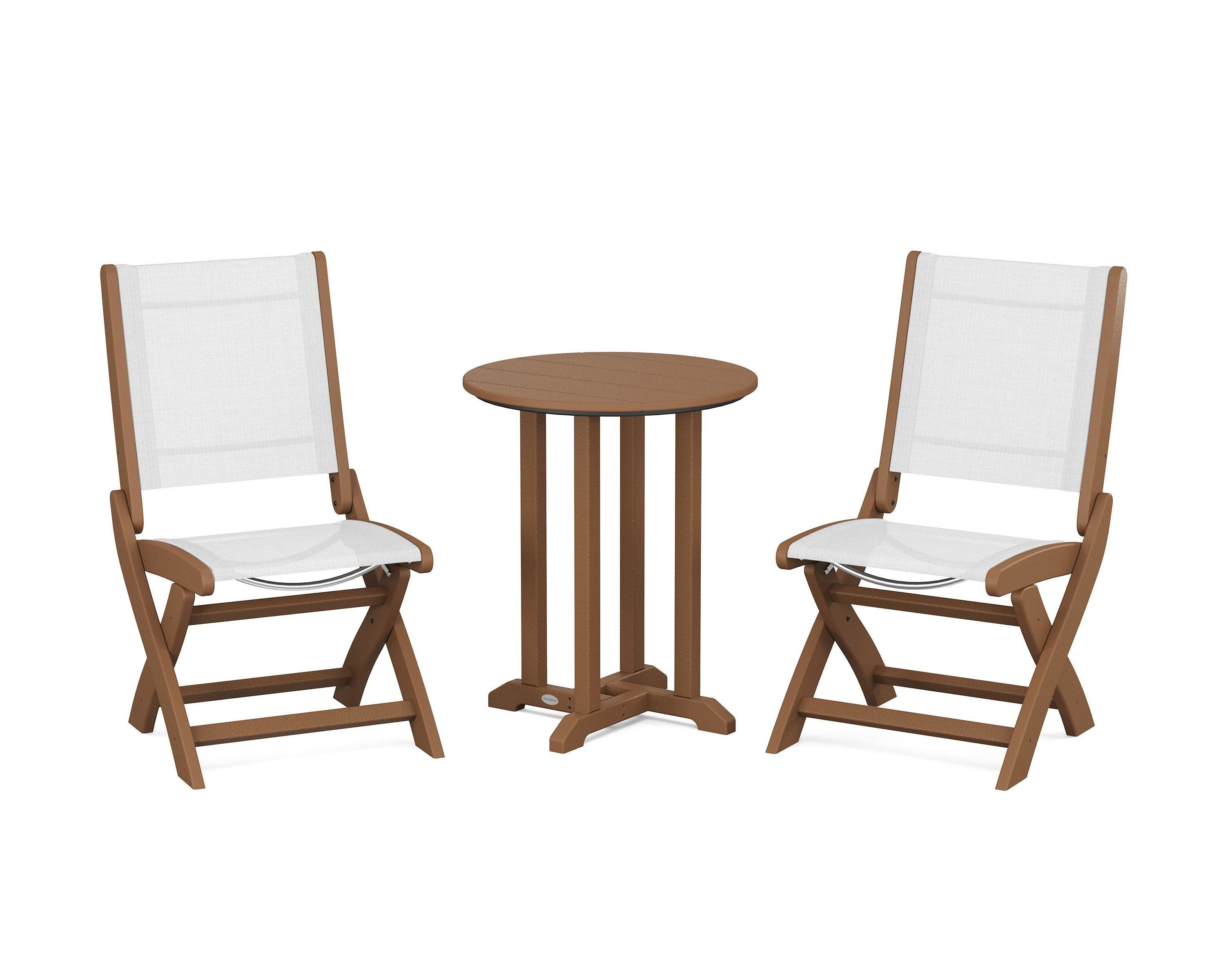 POLYWOOD® Coastal Folding Side Chair 3-Piece Round Bistro Dining Set in Teak / White Sling