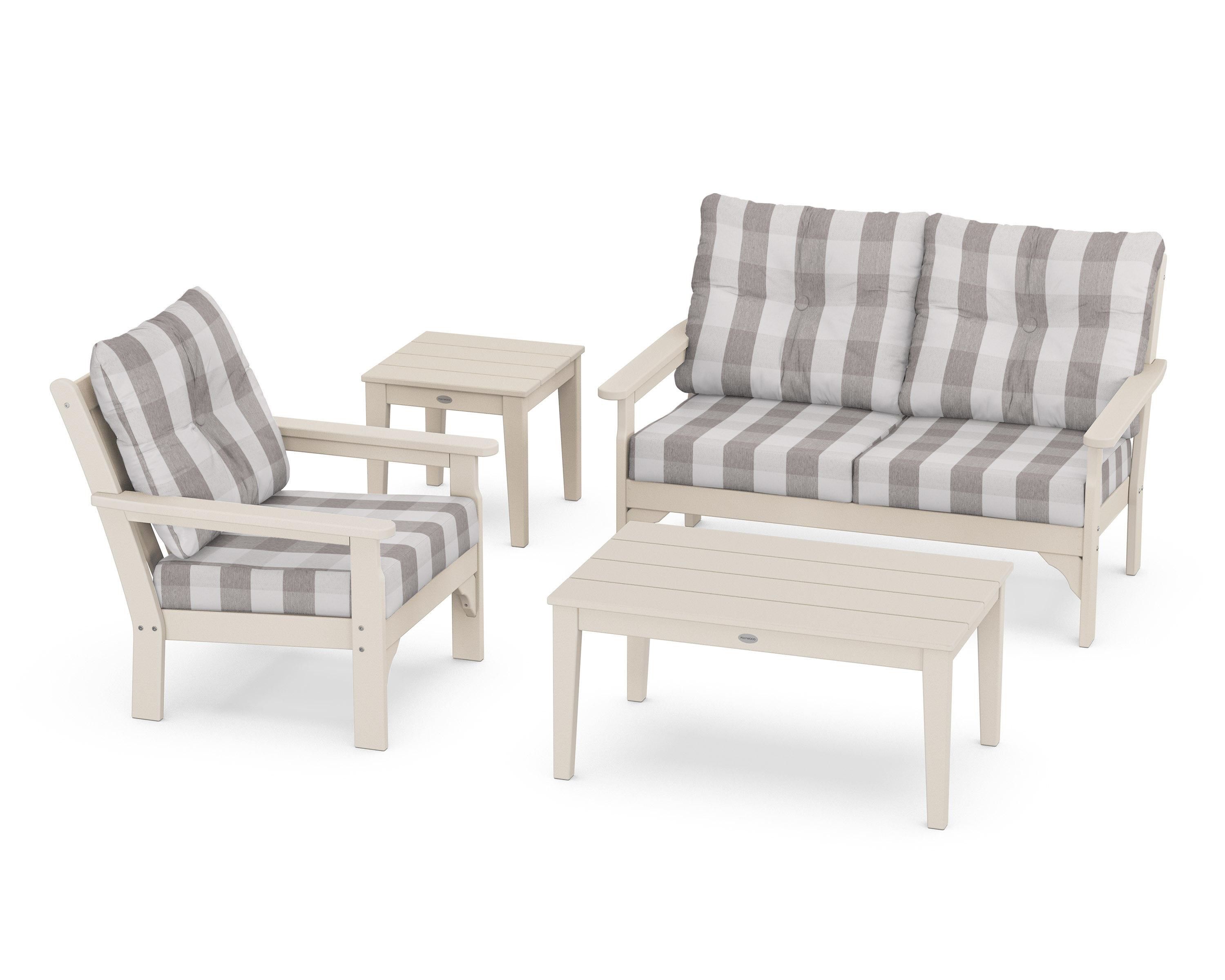 POLYWOOD® Vineyard 4-Piece Deep Seating Set in Sand / Buffalo Plaid Grey Mist