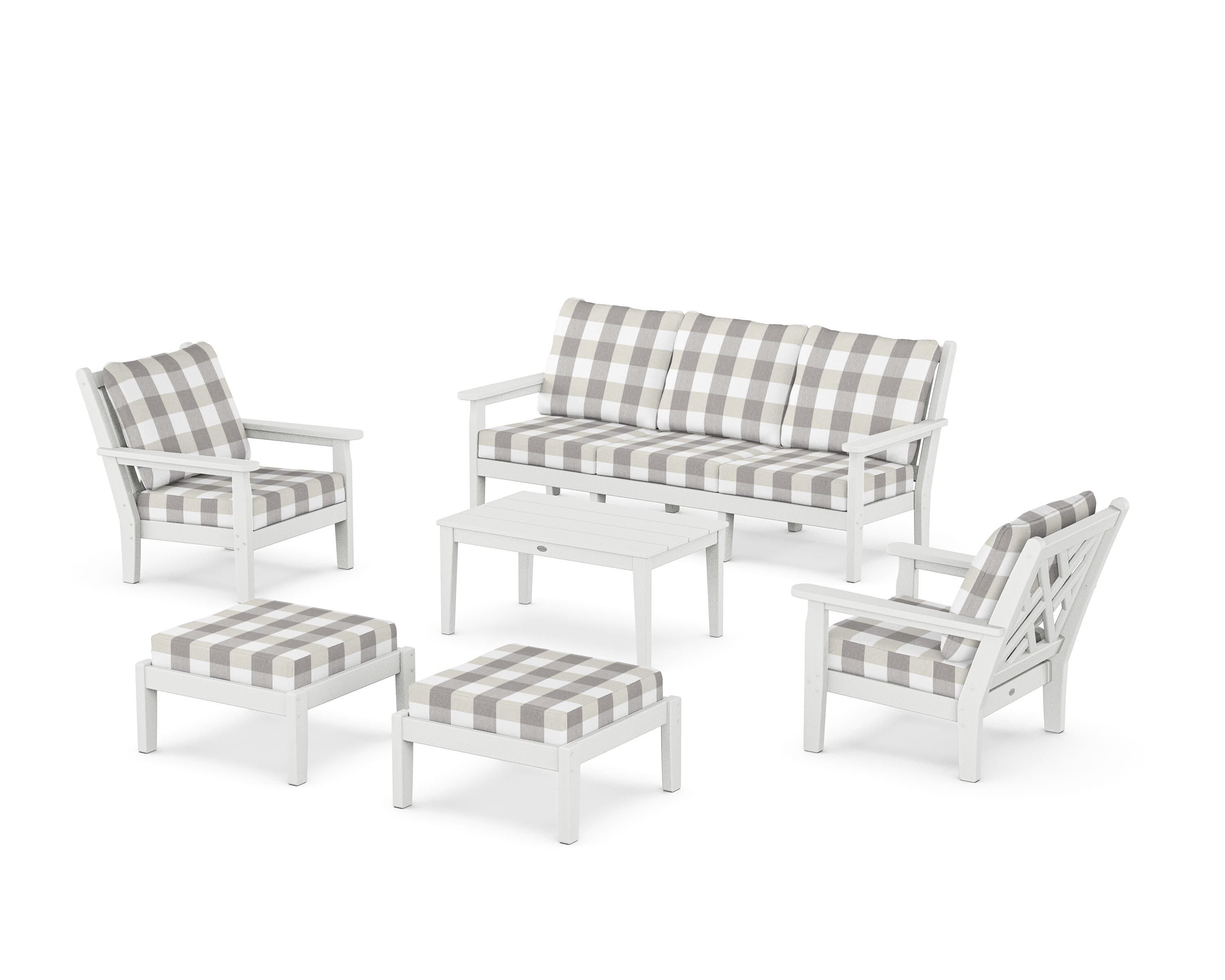 POLYWOOD® Chippendale 6-Piece Lounge Sofa Set in White / Buffalo Plaid Grey Mist
