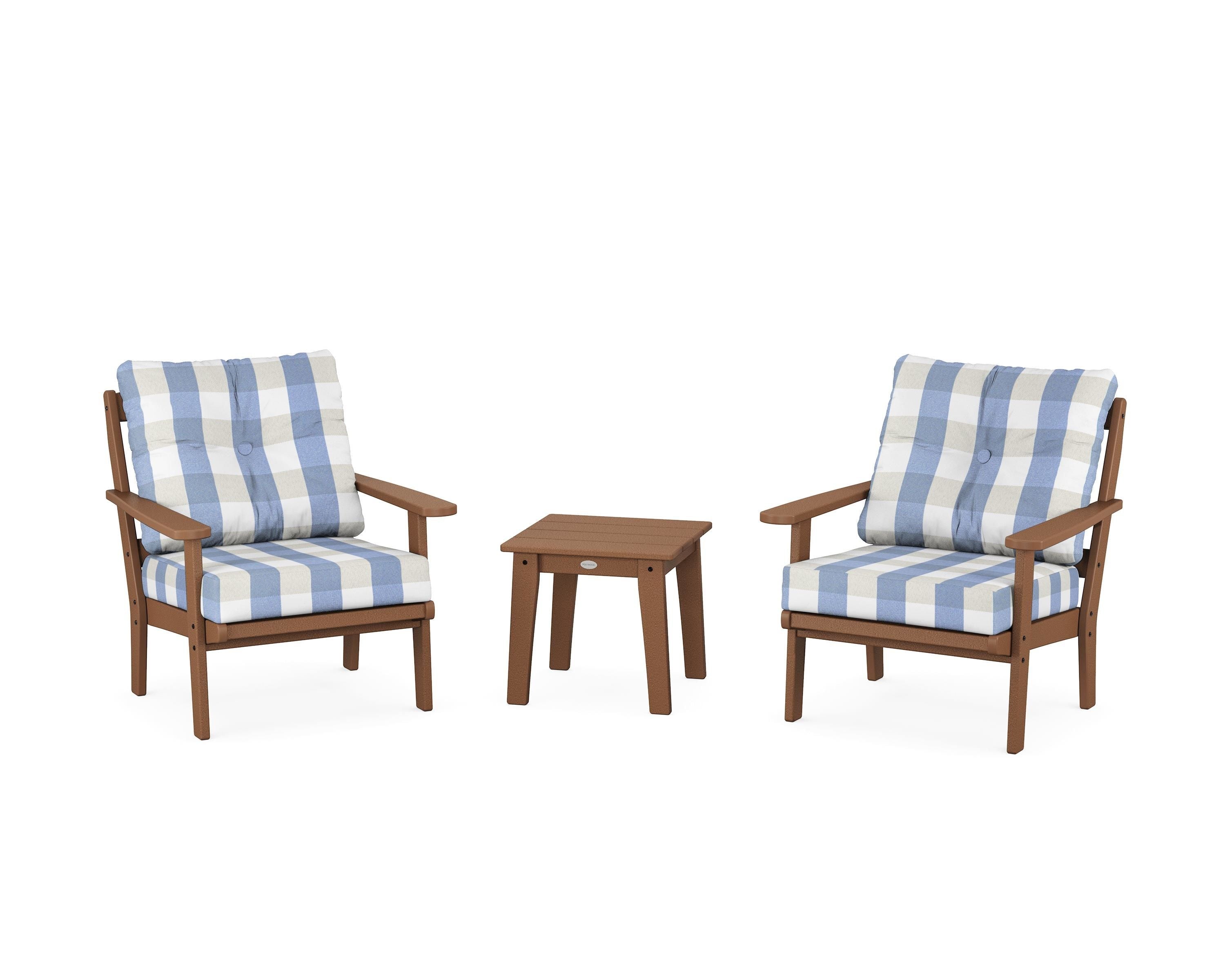 POLYWOOD® Mission 3-Piece Deep Seating Set in Teak / Buffalo Plaid Sky Blue