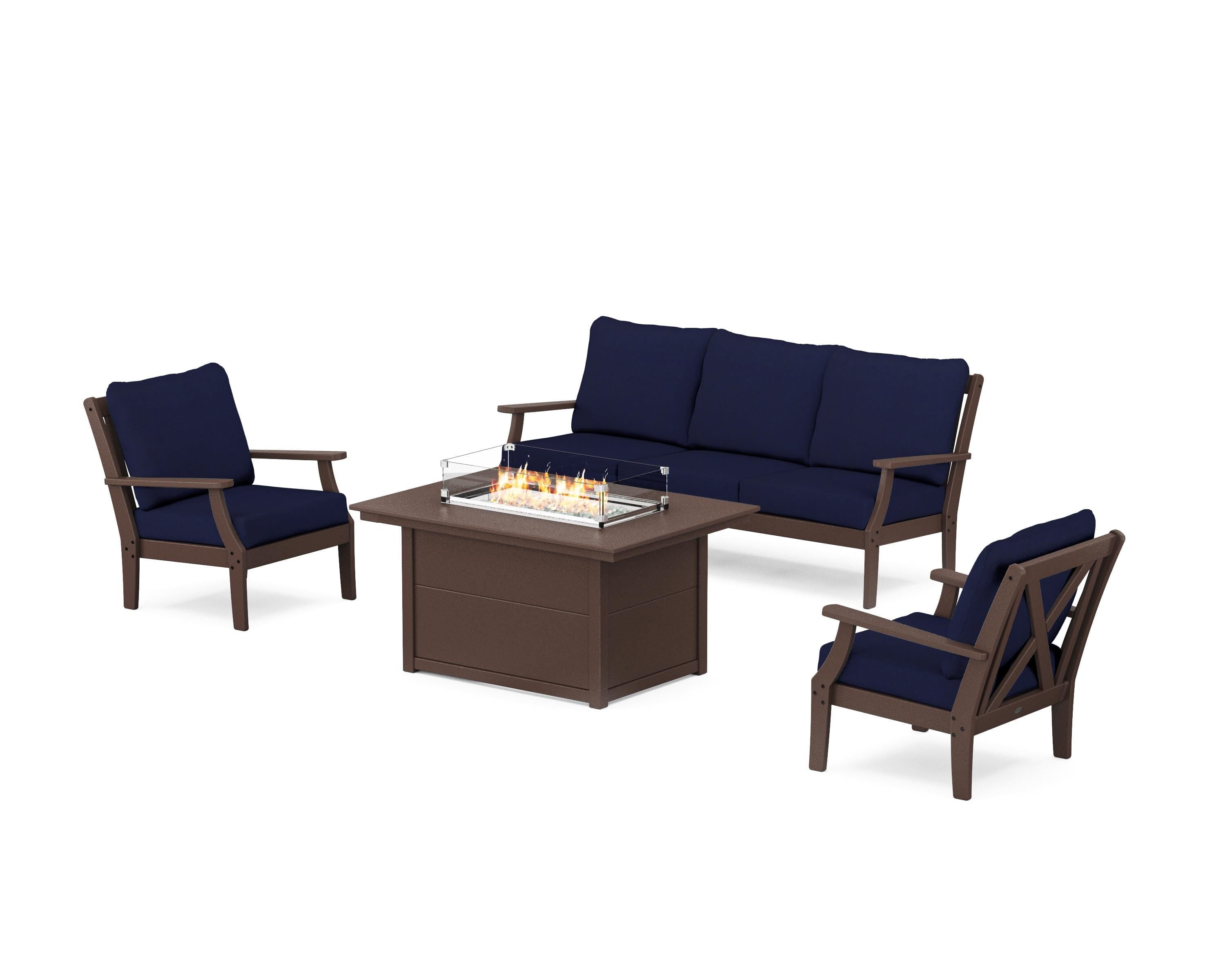 POLYWOOD® Braxton Deep Seating Fire Pit Table Set in Mahogany / Navy