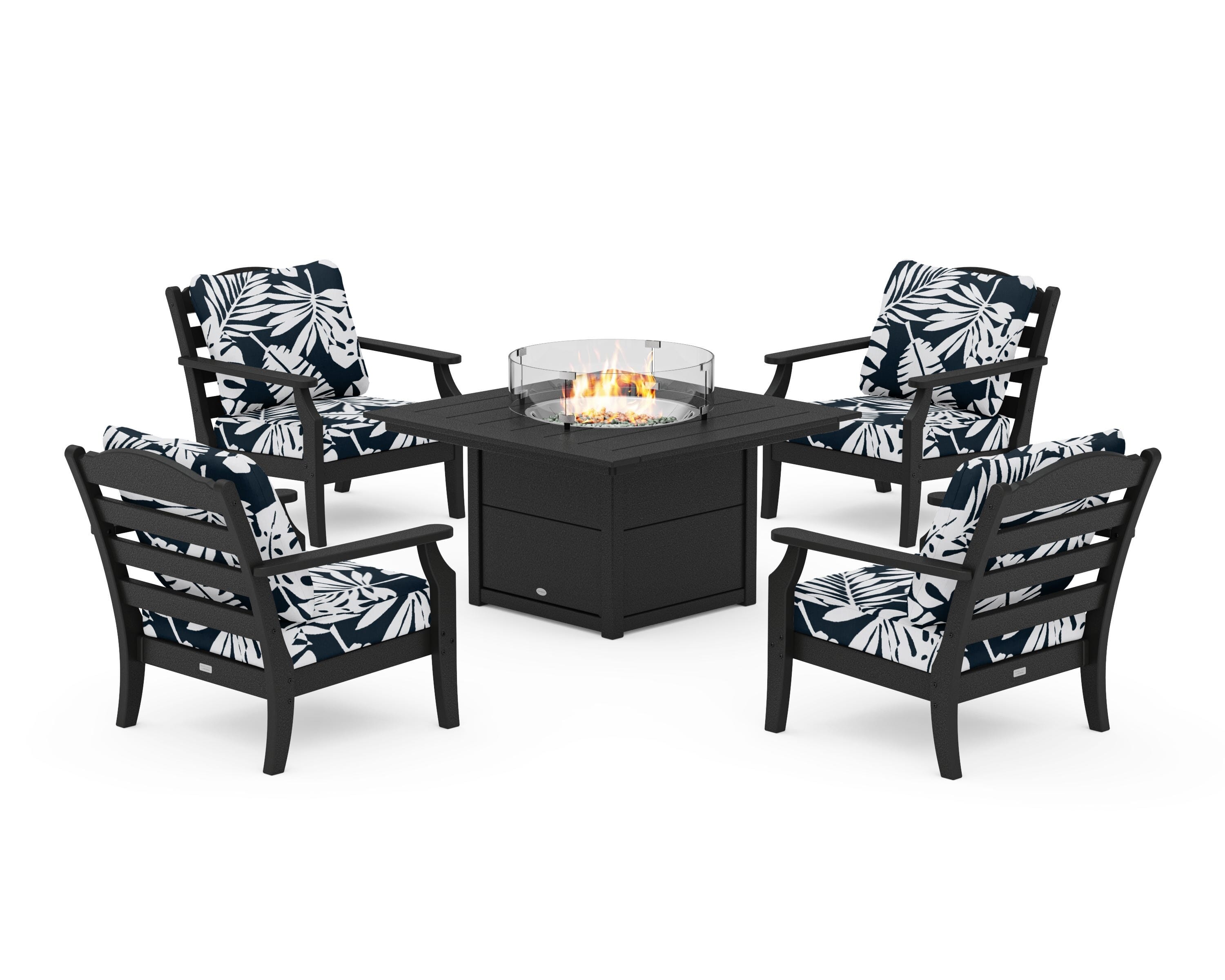 Draper James™ by POLYWOOD® Savannah 5-Piece Deep Seating Set with Fire Pit Table in Black / Leaf Marine Indigo