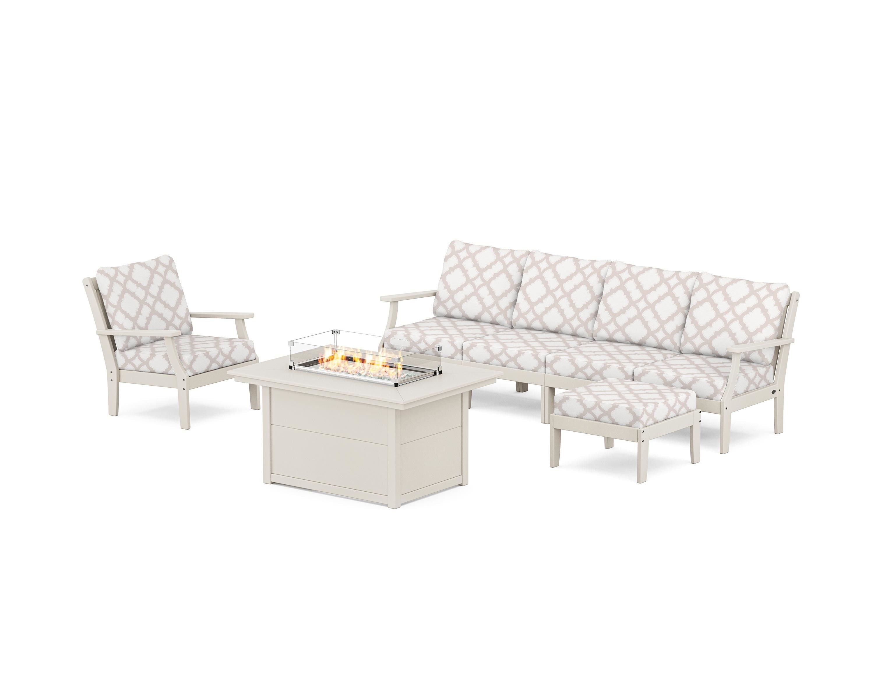 POLYWOOD® Braxton Sectional Lounge and Fire Pit Set in Sand / Trellis Dune Burlap