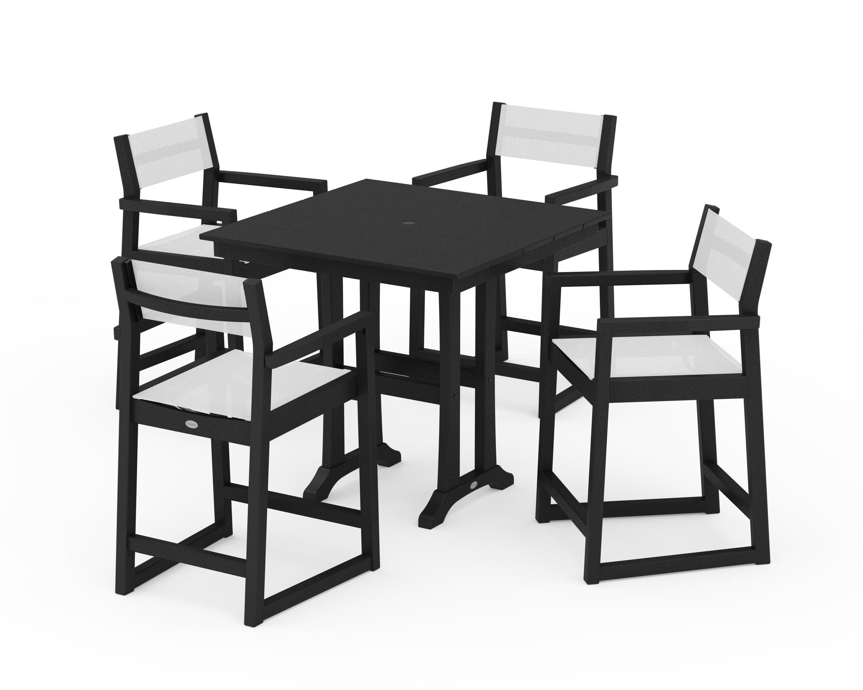 POLYWOOD® EDGE Sling Arm Chair 5-Piece Farmhouse Counter Set with Trestle Legs in Black / White Sling