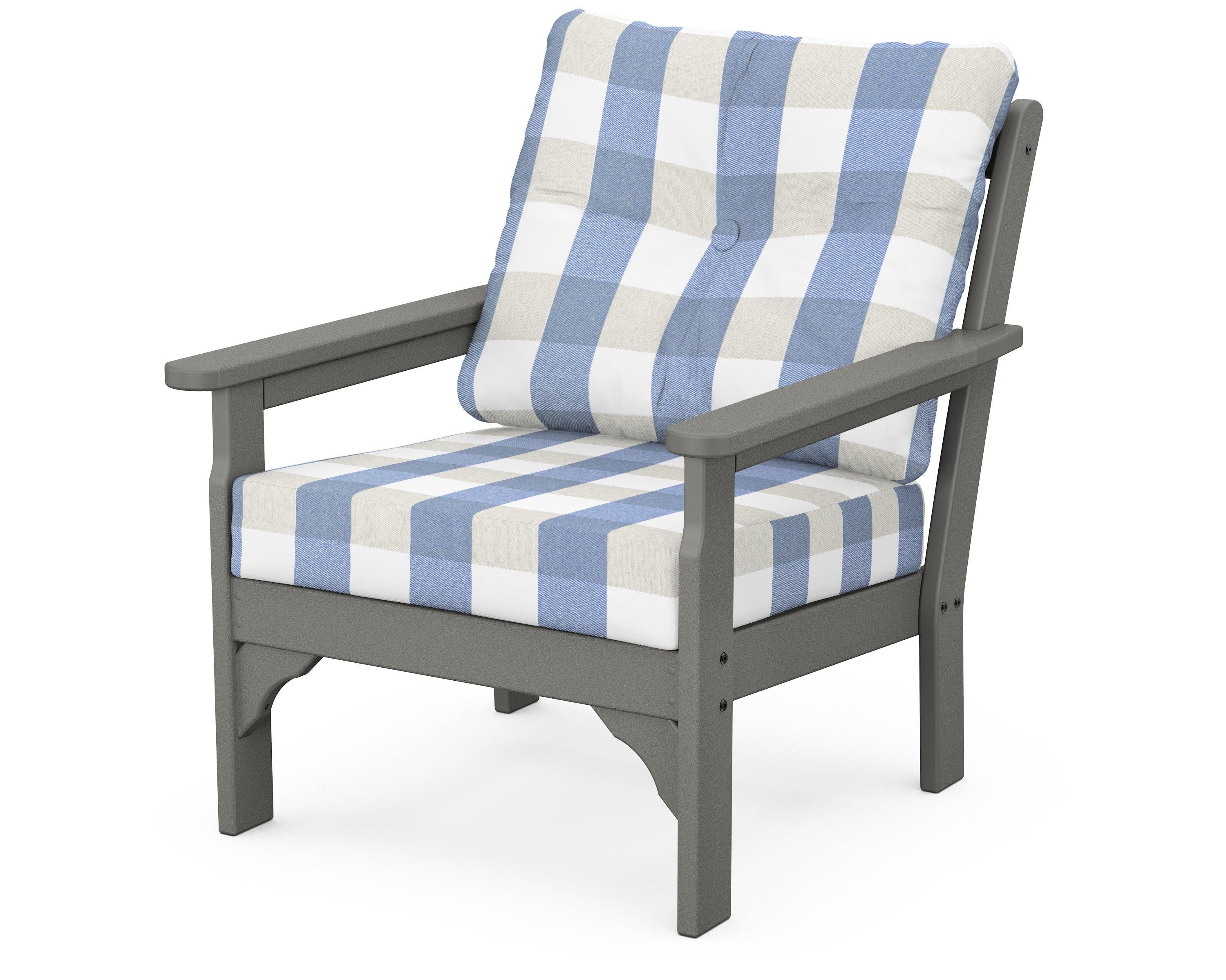 POLYWOOD® Vineyard Deep Seating Chair in Slate Grey / Buffalo Plaid Sky Blue