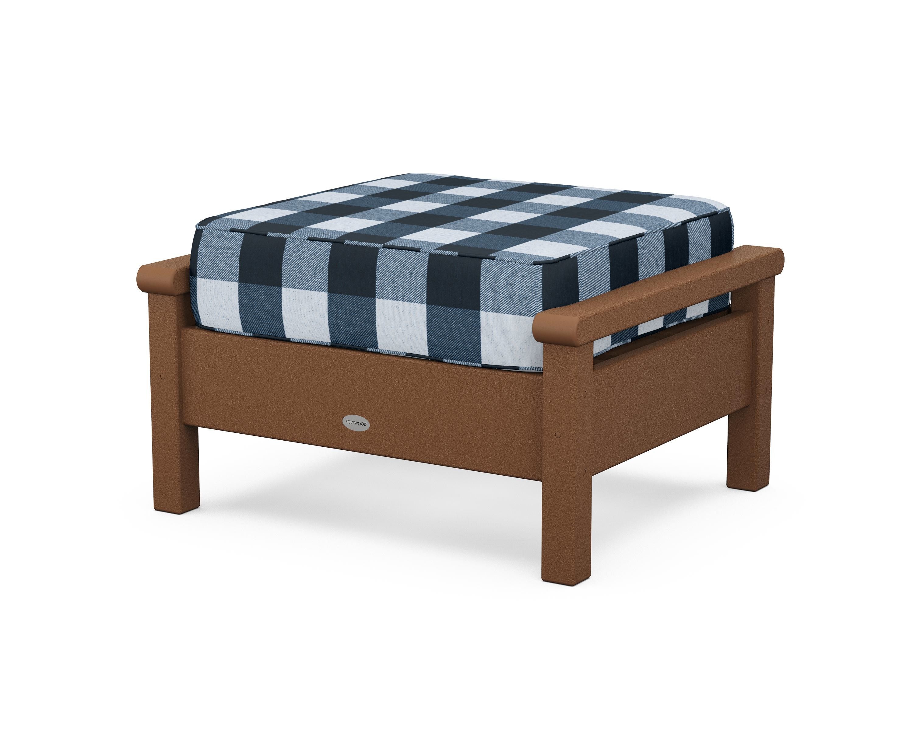 POLYWOOD® Harbour Deep Seating Ottoman in Teak / Buffalo Plaid Marine Indigo