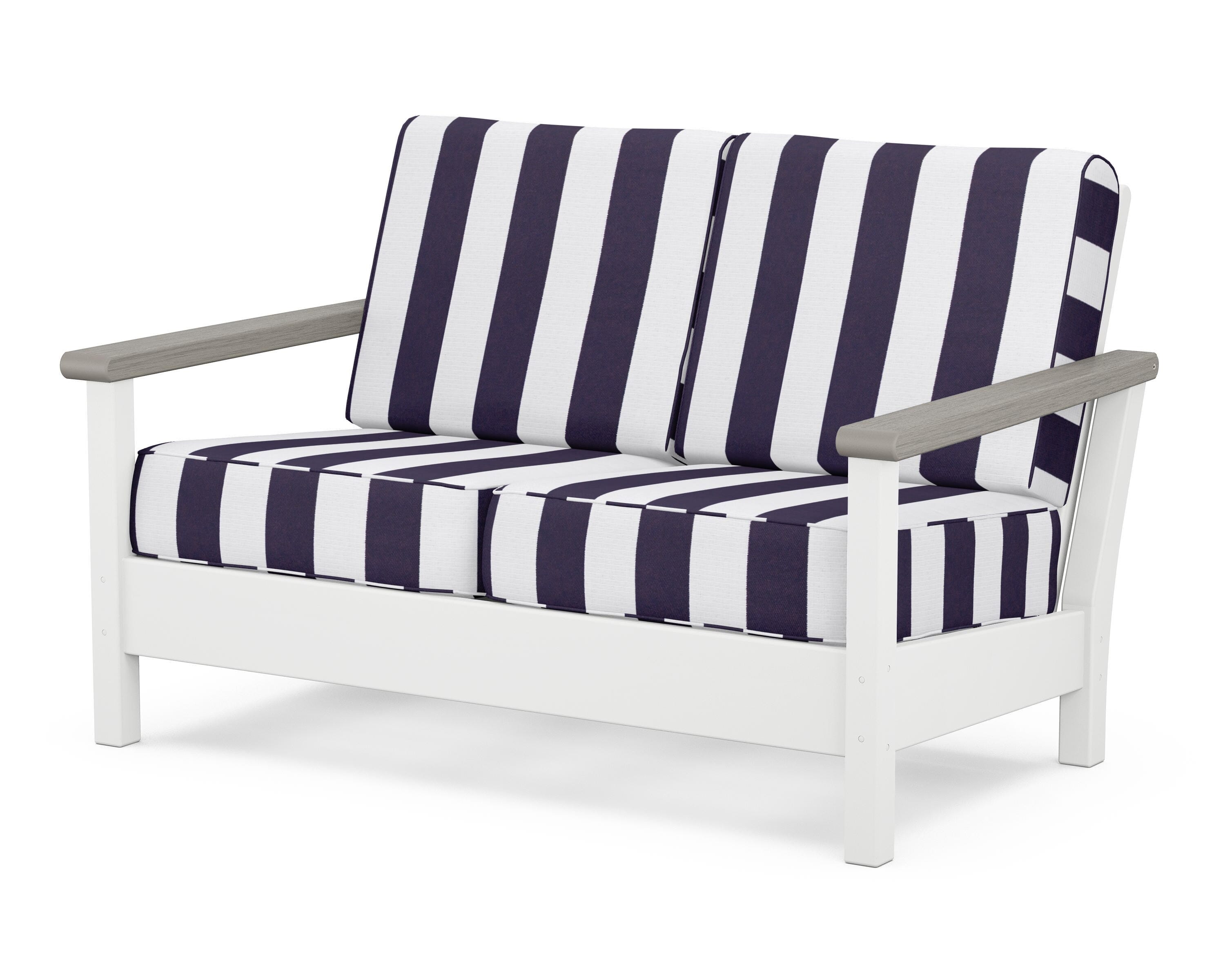 POLYWOOD® Harbour Deep Seating Loveseat in White / Driftwood / Cabana Stripe Navy