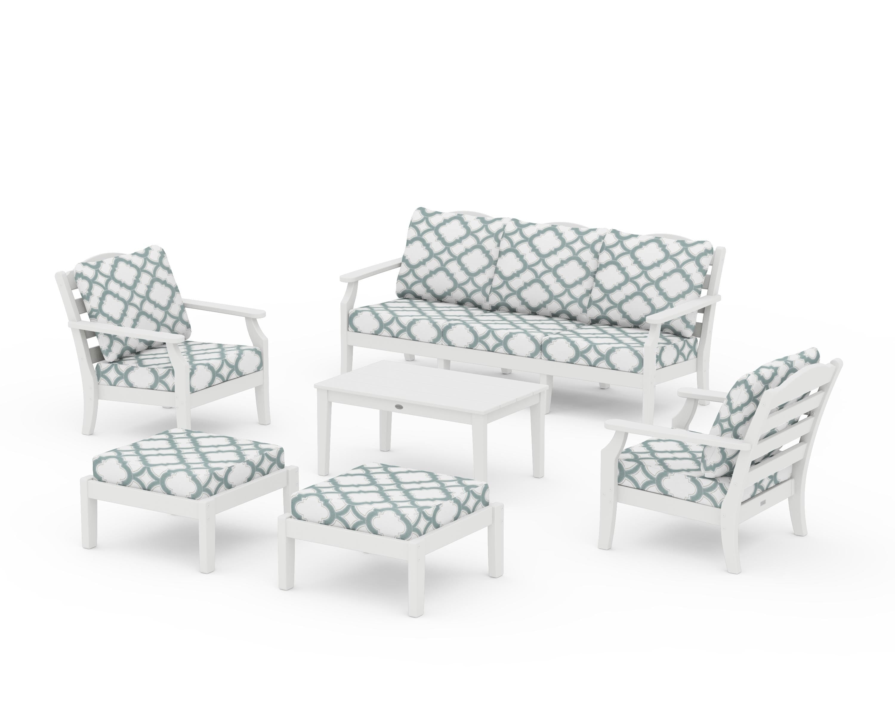 Draper James™ by POLYWOOD® Savannah 6-Piece Lounge Sofa Set in White / Trellis Glacier Spa