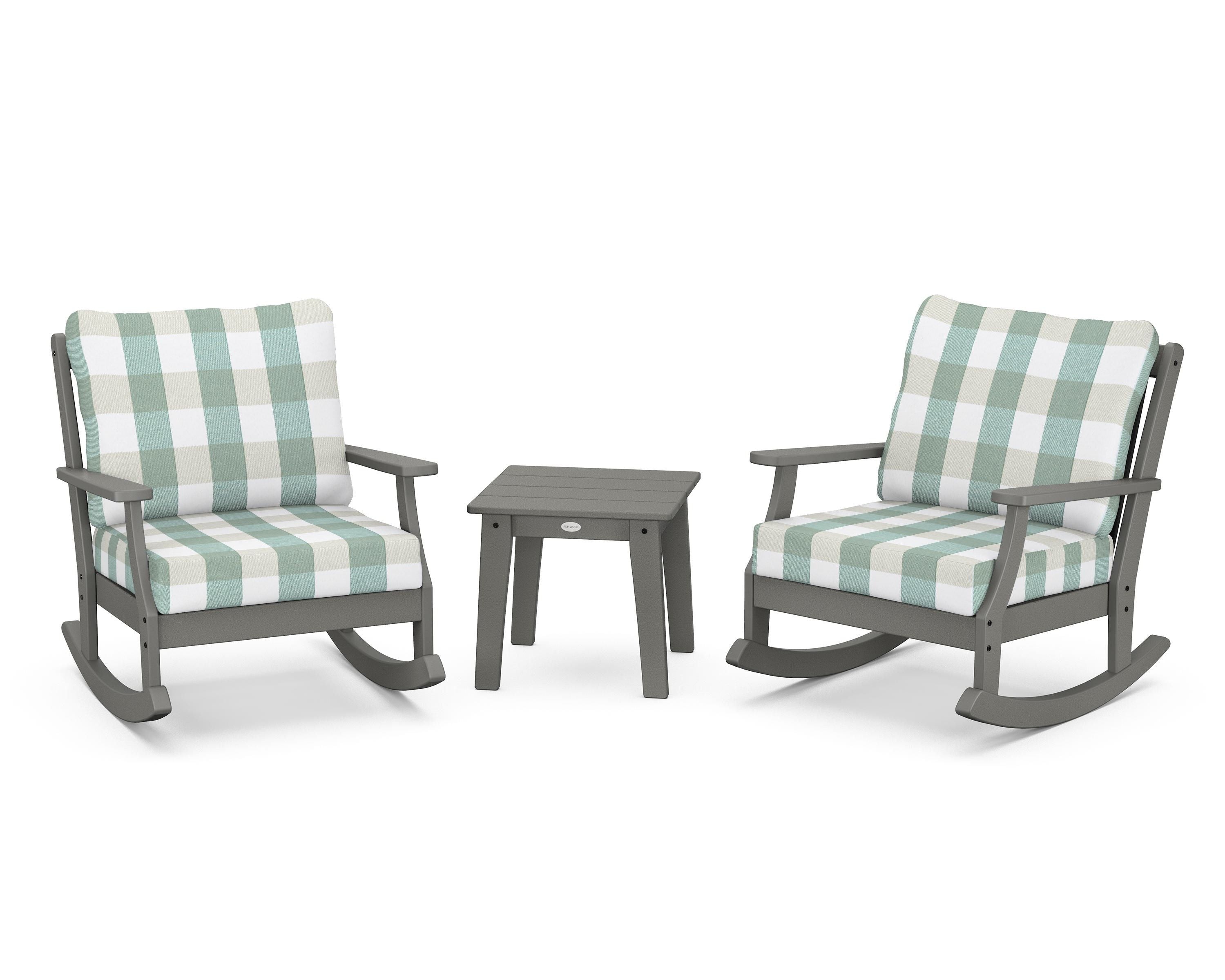 POLYWOOD® Braxton 3-Piece Deep Seating Rocker Set in Slate Grey / Buffalo Plaid Glacier Spa
