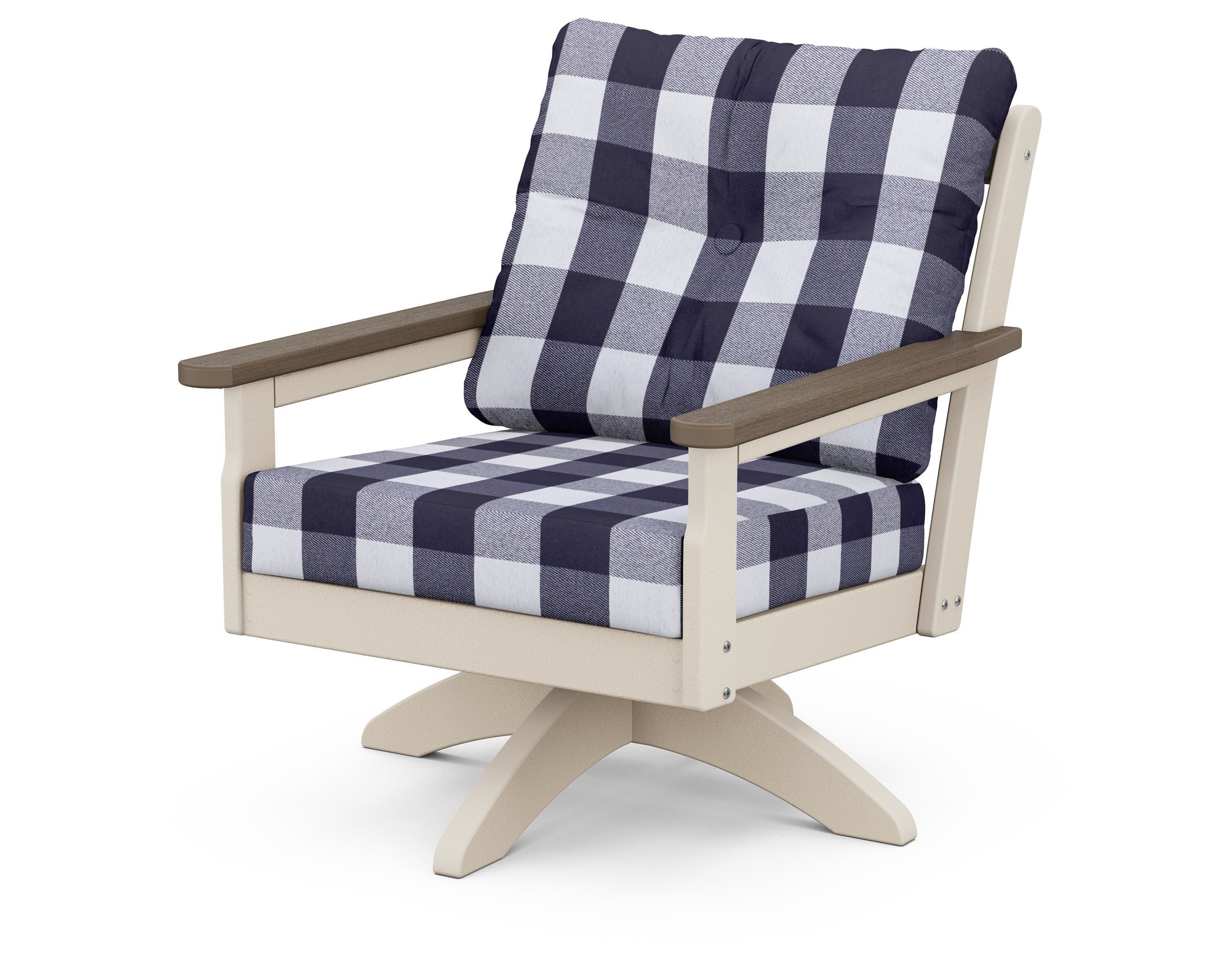 POLYWOOD® Vineyard Deep Seating Swivel Chair in Sand / Kona / Buffalo Plaid Navy
