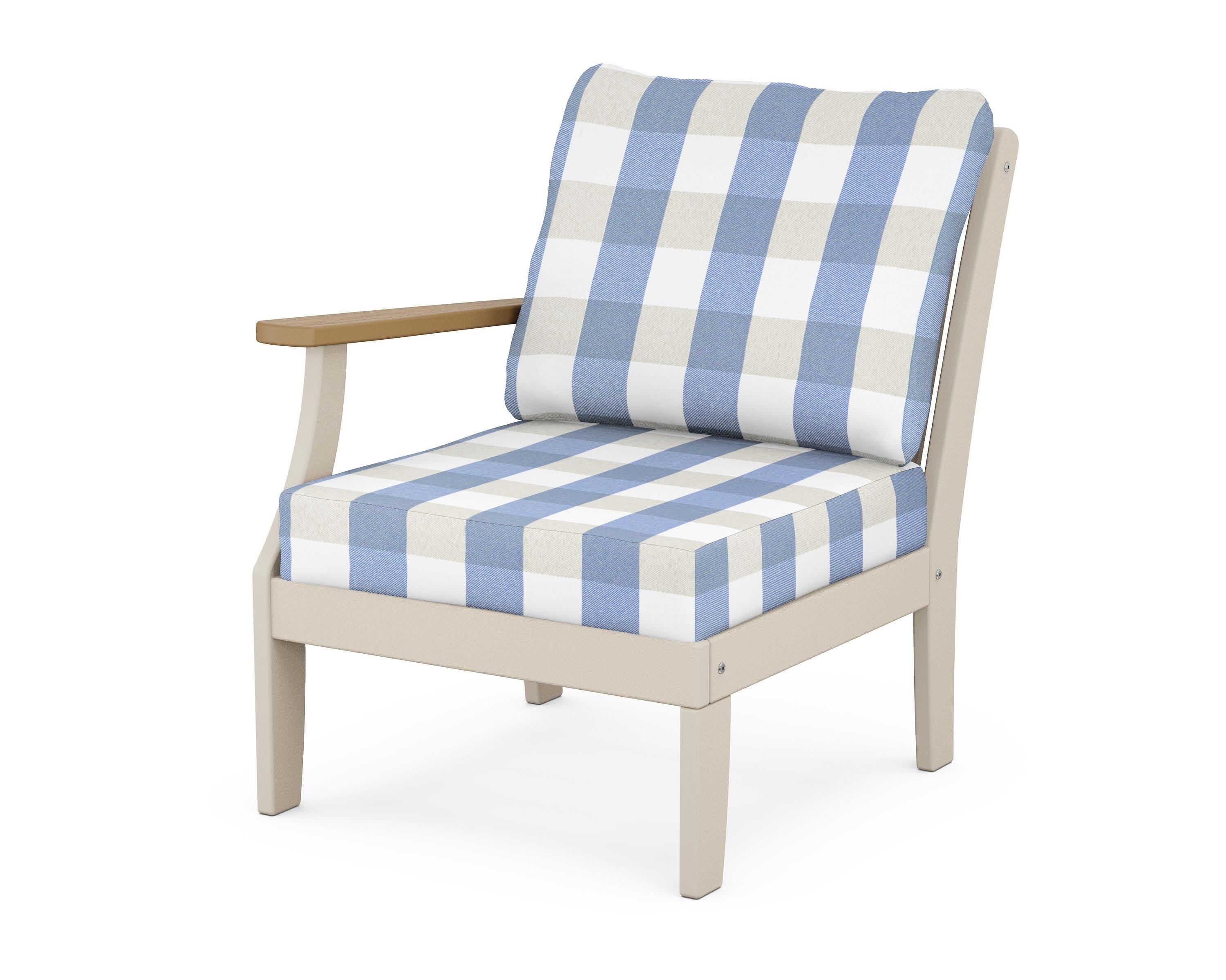 POLYWOOD® Braxton Modular Left Arm Chair in Sand / Natural / Buffalo Plaid Sky Blue
