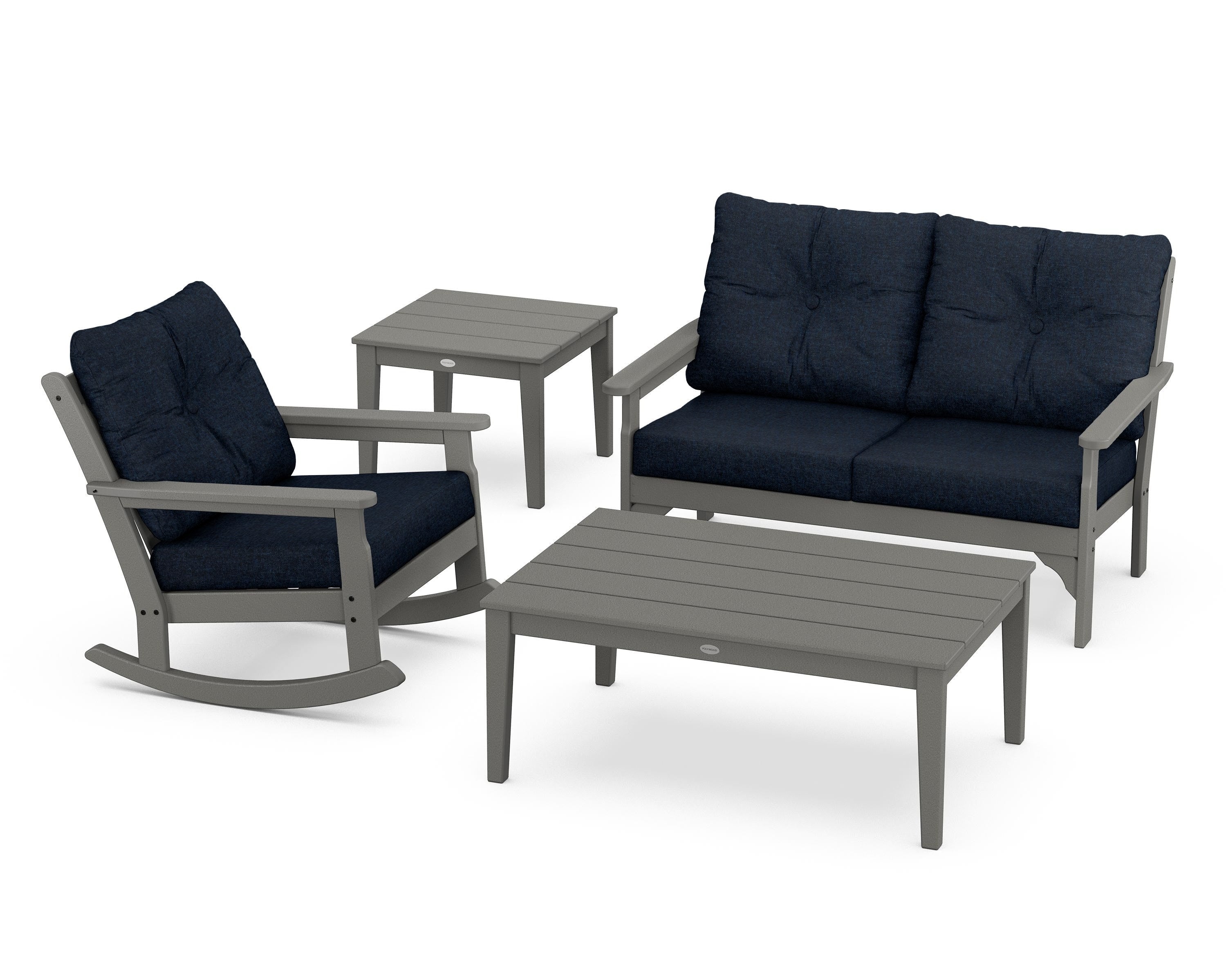 POLYWOOD® Vineyard 4-Piece Deep Seating Rocker Set in Slate Grey / Marine Indigo