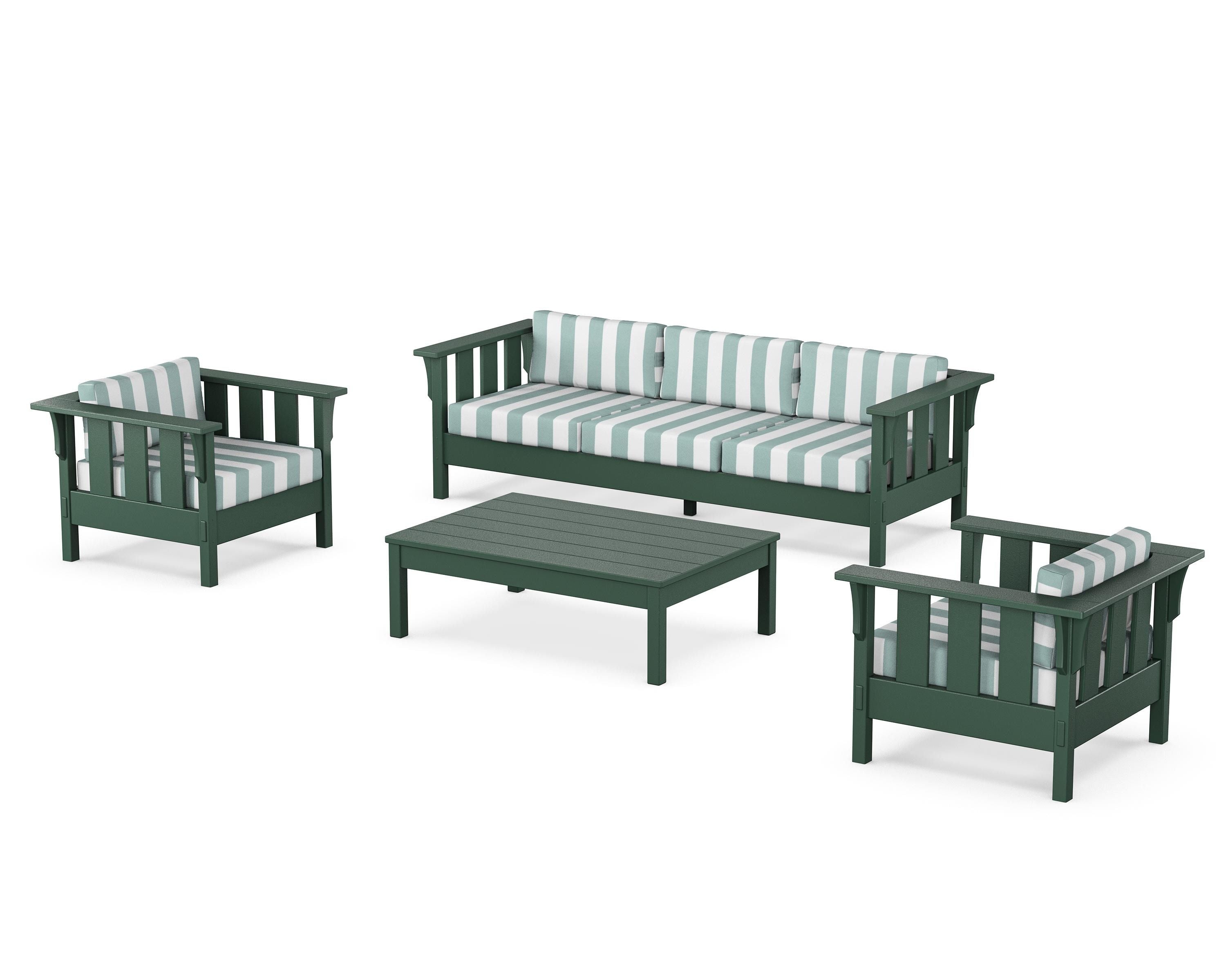 Martha Stewart by POLYWOOD® Acadia 4-Piece Deep Seating Set with Sofa in Green / Cabana Stripe Glacier Spa
