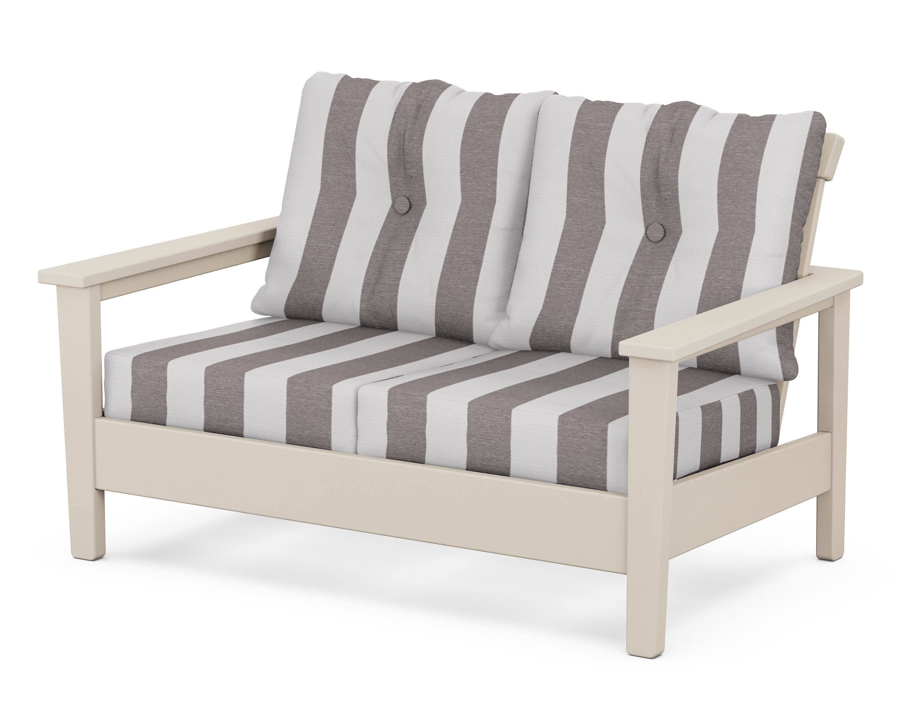 POLYWOOD® Prescott Deep Seating Loveseat in Sand / Cabana Stripe Grey Mist