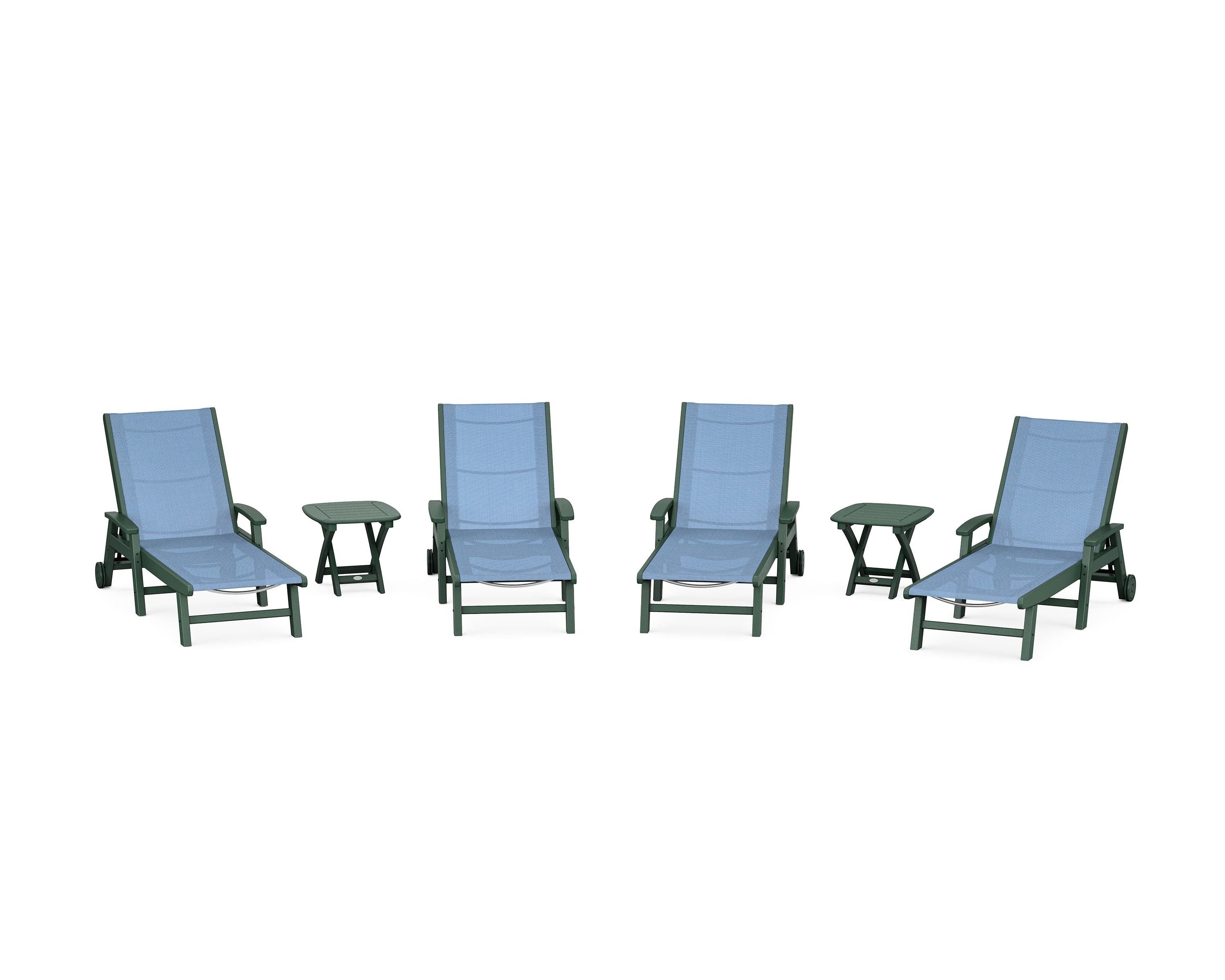 POLYWOOD® Coastal Chaise 6-Piece Set with Wheels in Green / Poolside Sling