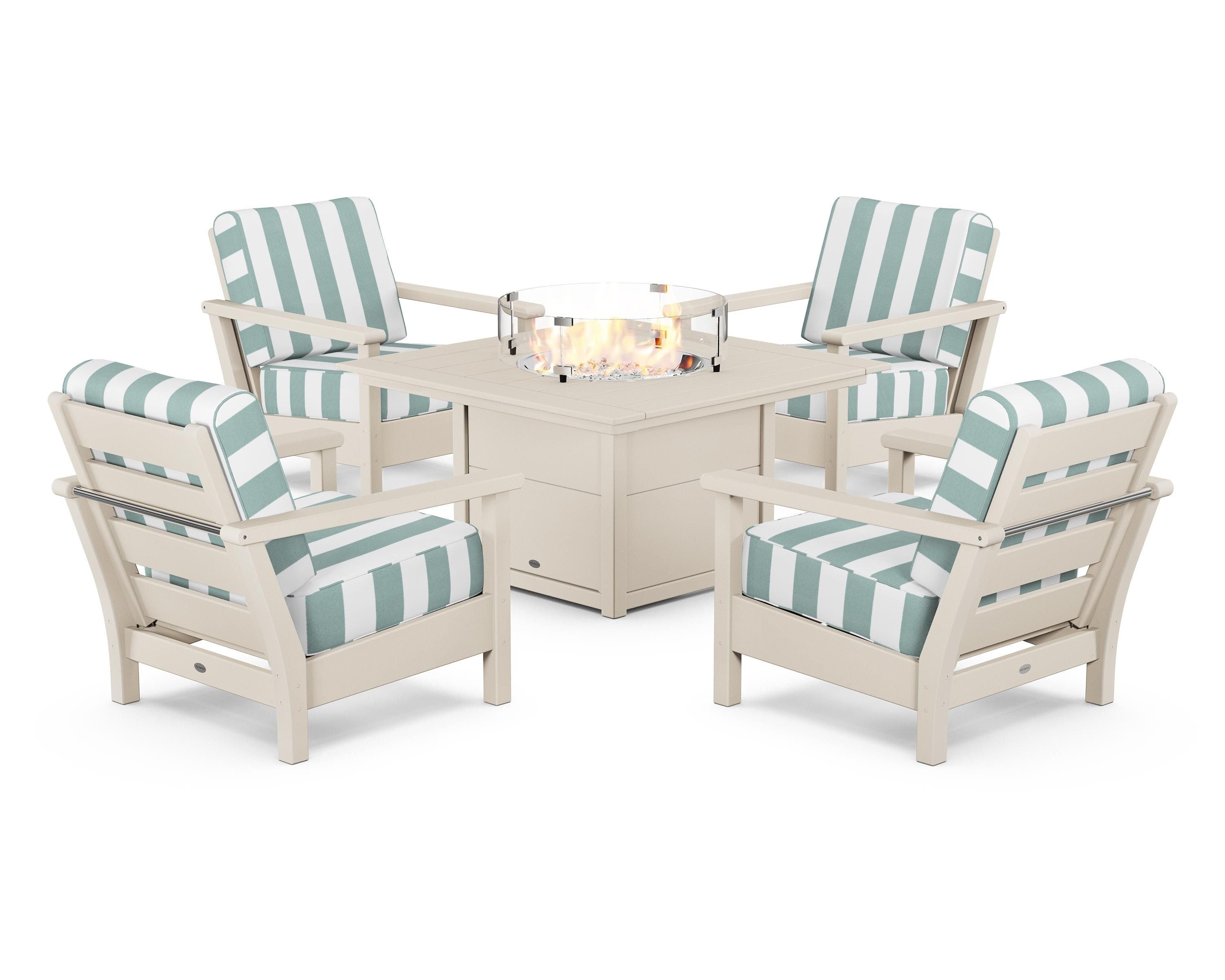 POLYWOOD® Harbour 5-Piece Conversation Set with Fire Pit Table in Sand / Cabana Stripe Glacier Spa