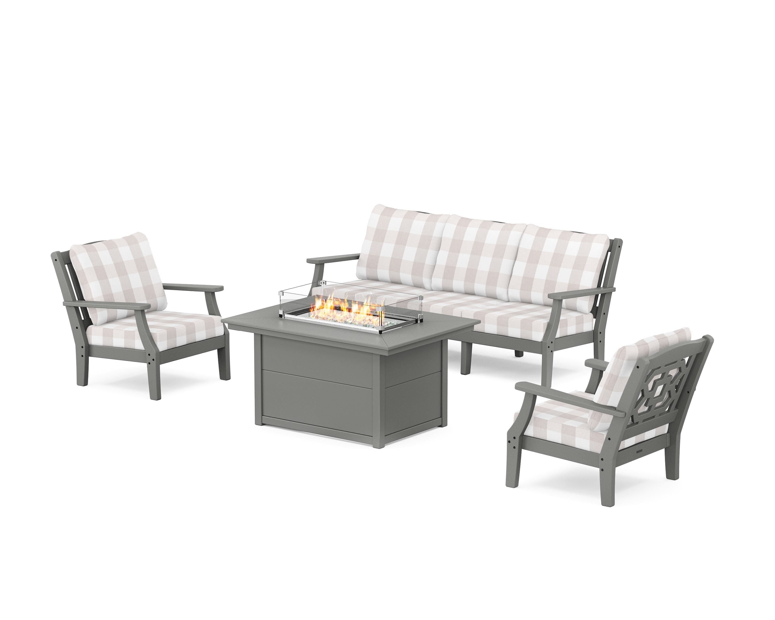 Martha Stewart by POLYWOOD® Chinoiserie Deep Seating Fire Pit Table Set in Slate Grey / Buffalo Plaid Dune Burlap