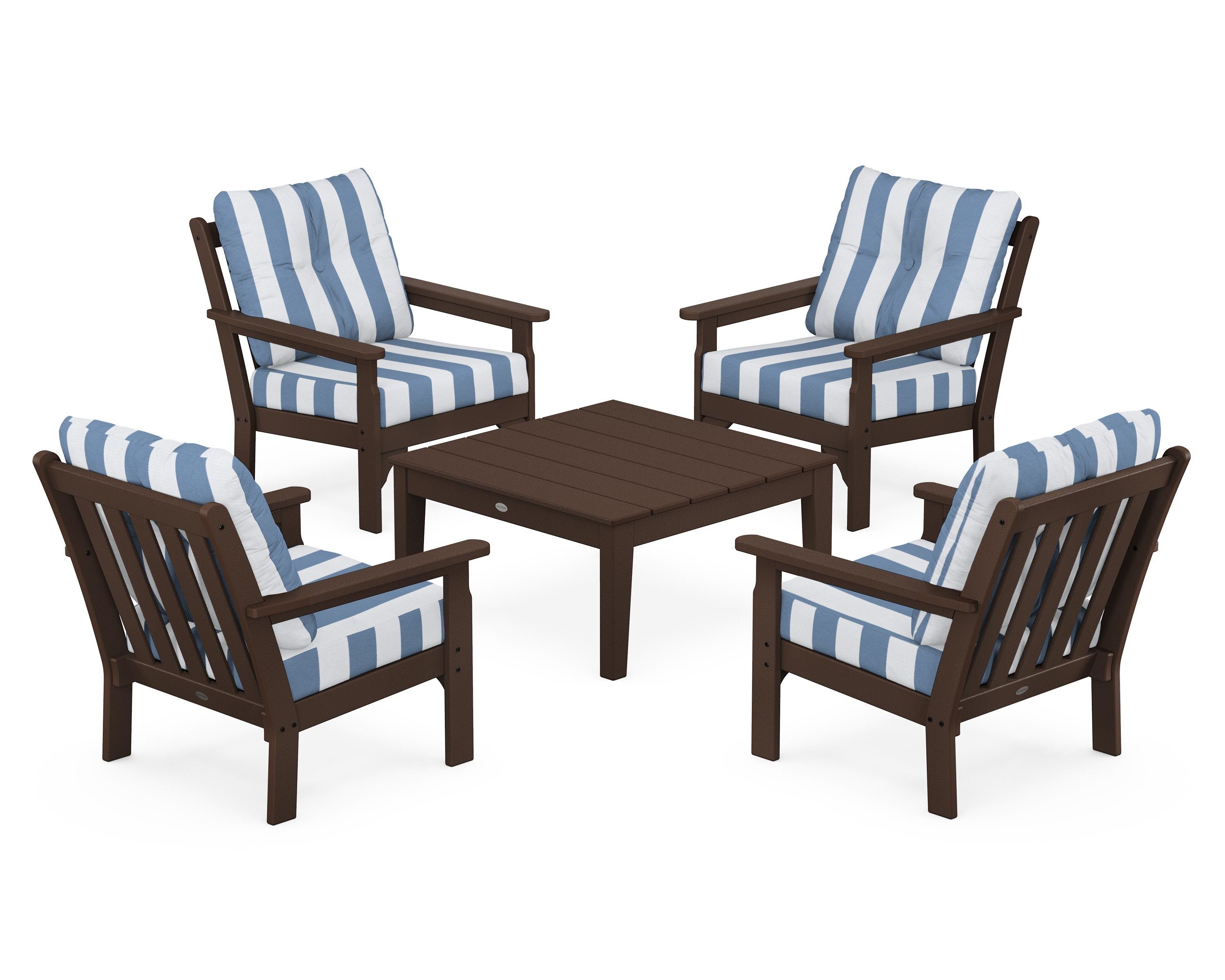 POLYWOOD® Vineyard 5-Piece Deep Seating Conversation Set in Mahogany / Cabana Stripe Sky Blue