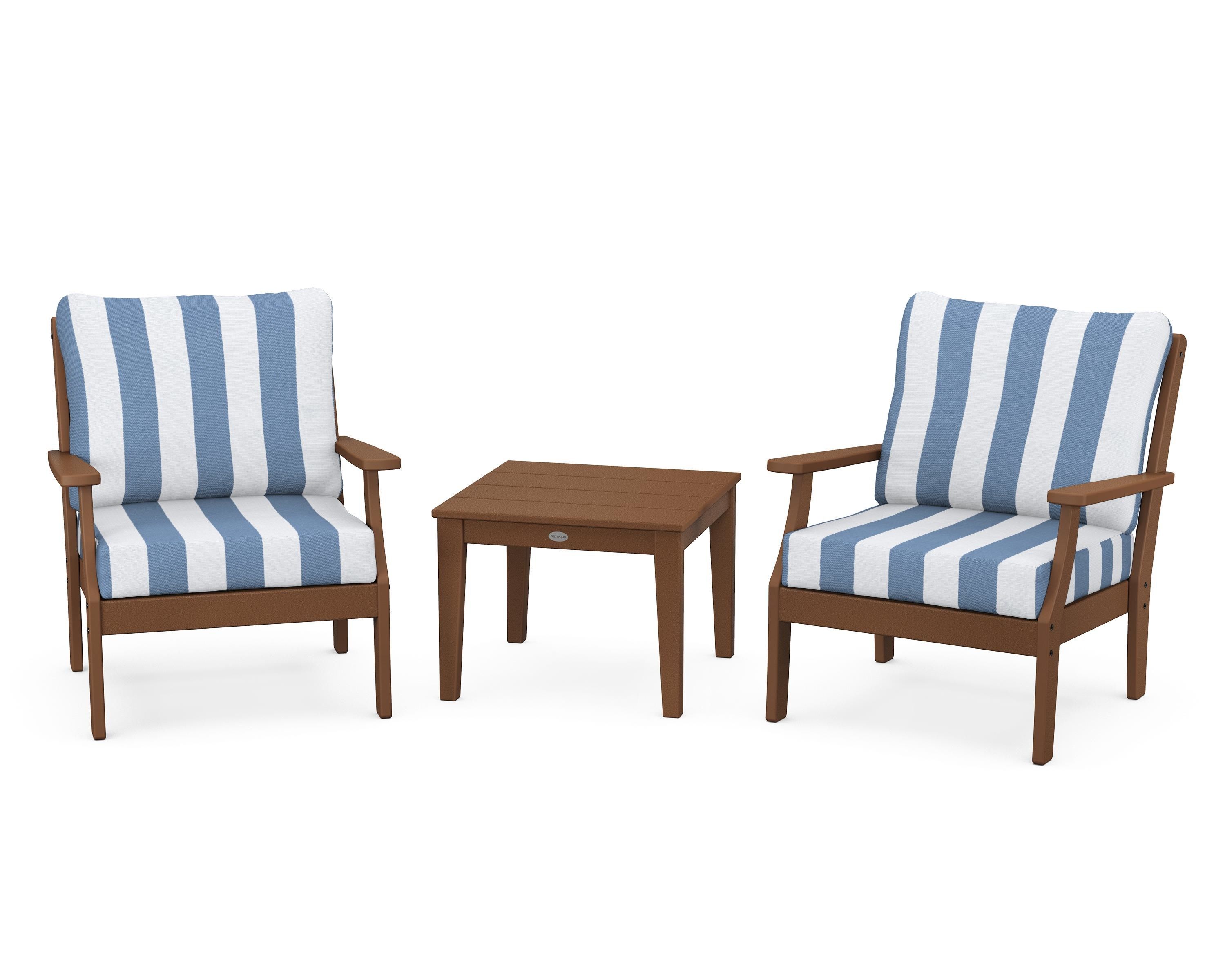 POLYWOOD® Braxton 3-Piece Deep Seating Set in Teak / Cabana Stripe Sky Blue