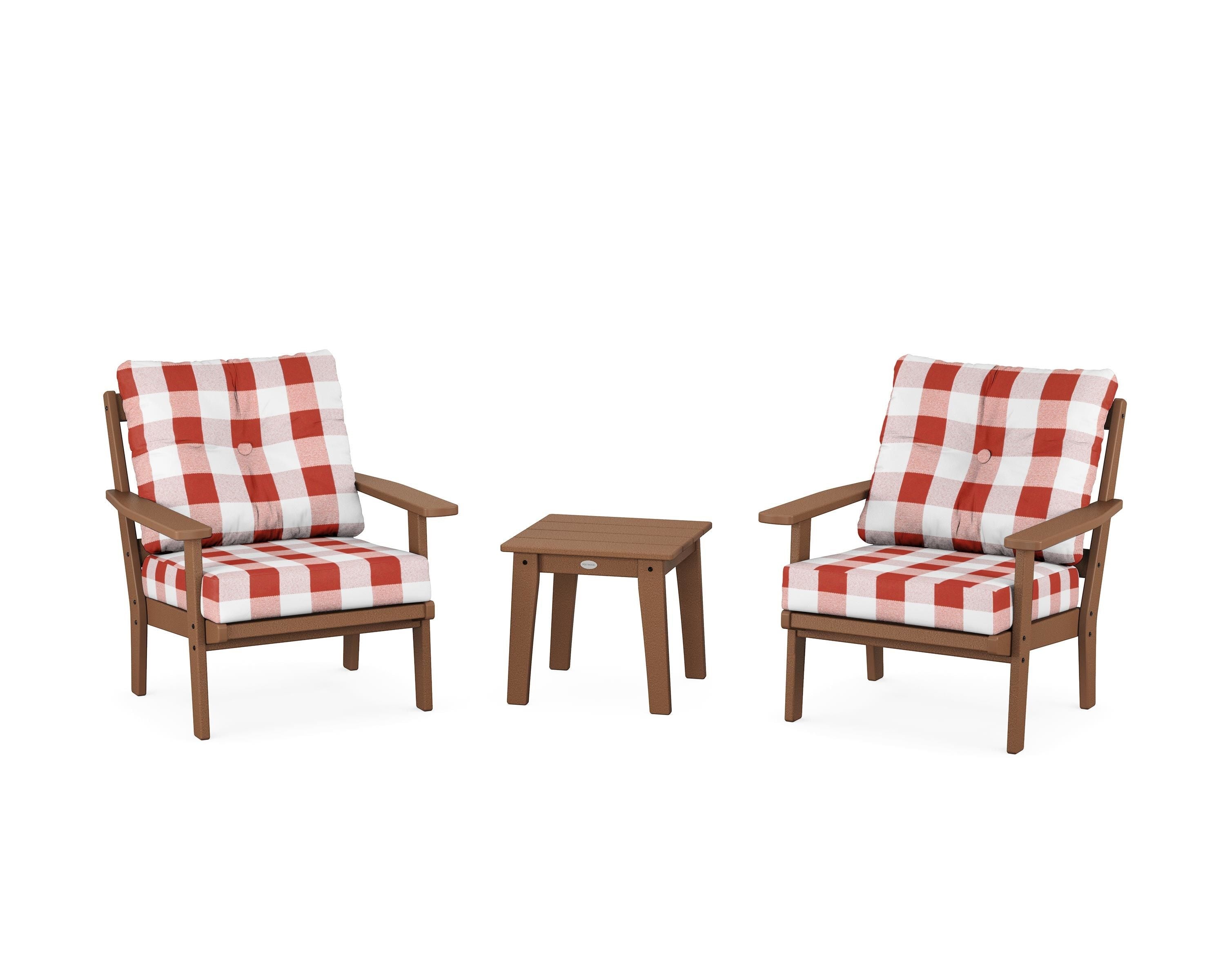 POLYWOOD® Prairie 3-Piece Deep Seating Set in Teak / Buffalo Plaid Crimson