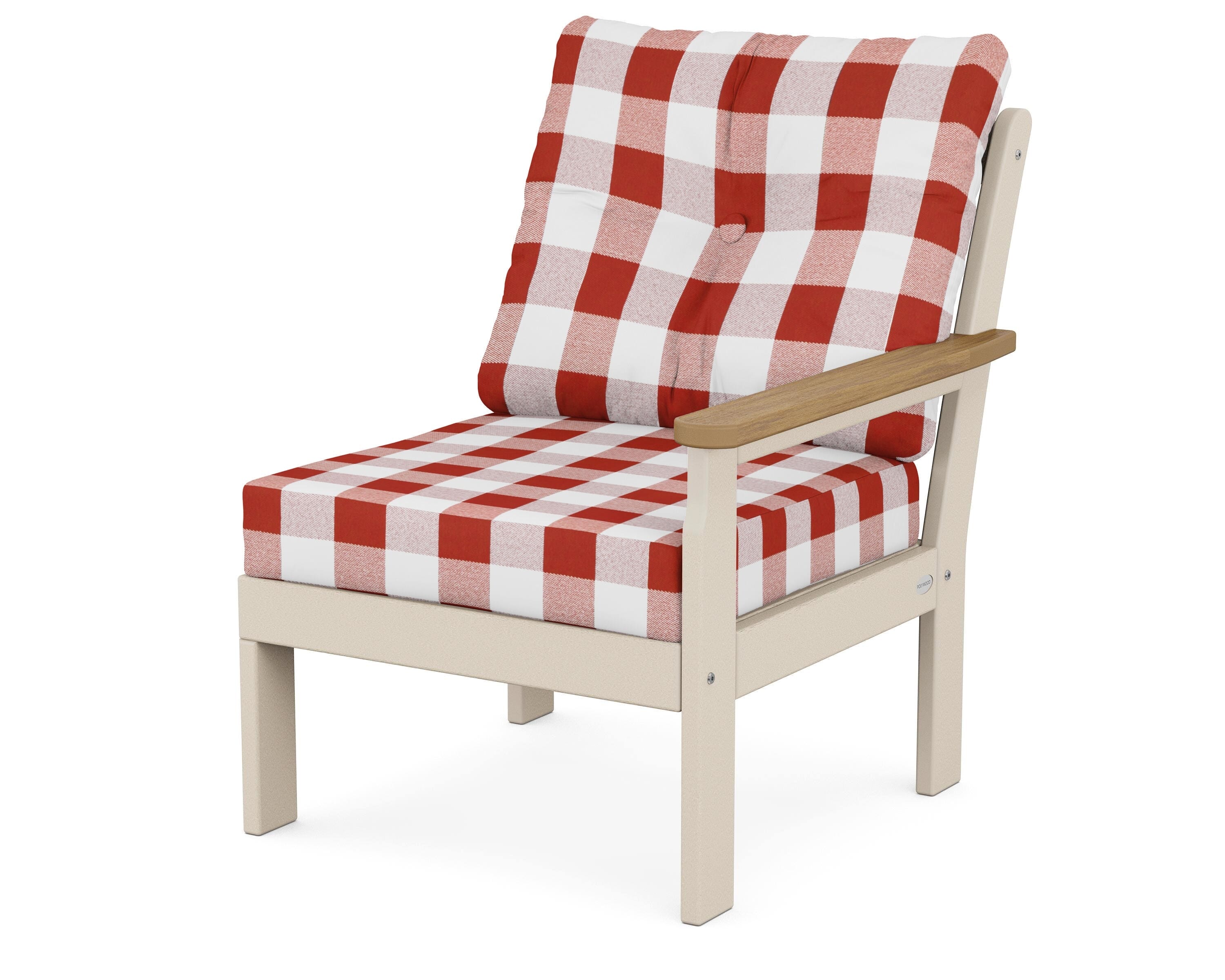 POLYWOOD® Vineyard Modular Right Arm Chair in Sand / Natural / Buffalo Plaid Crimson
