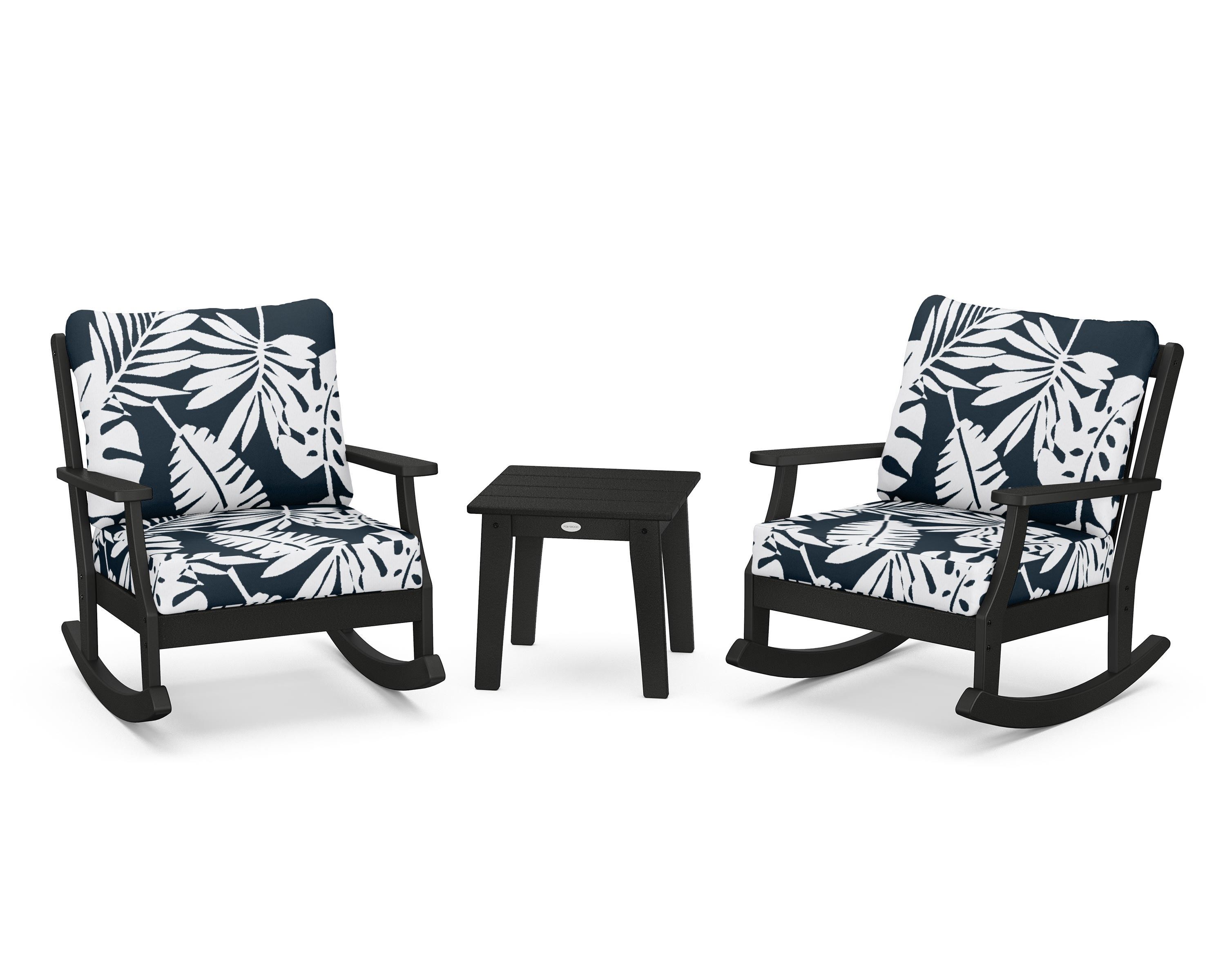POLYWOOD® Braxton 3-Piece Deep Seating Rocker Set in Black / Leaf Marine Indigo