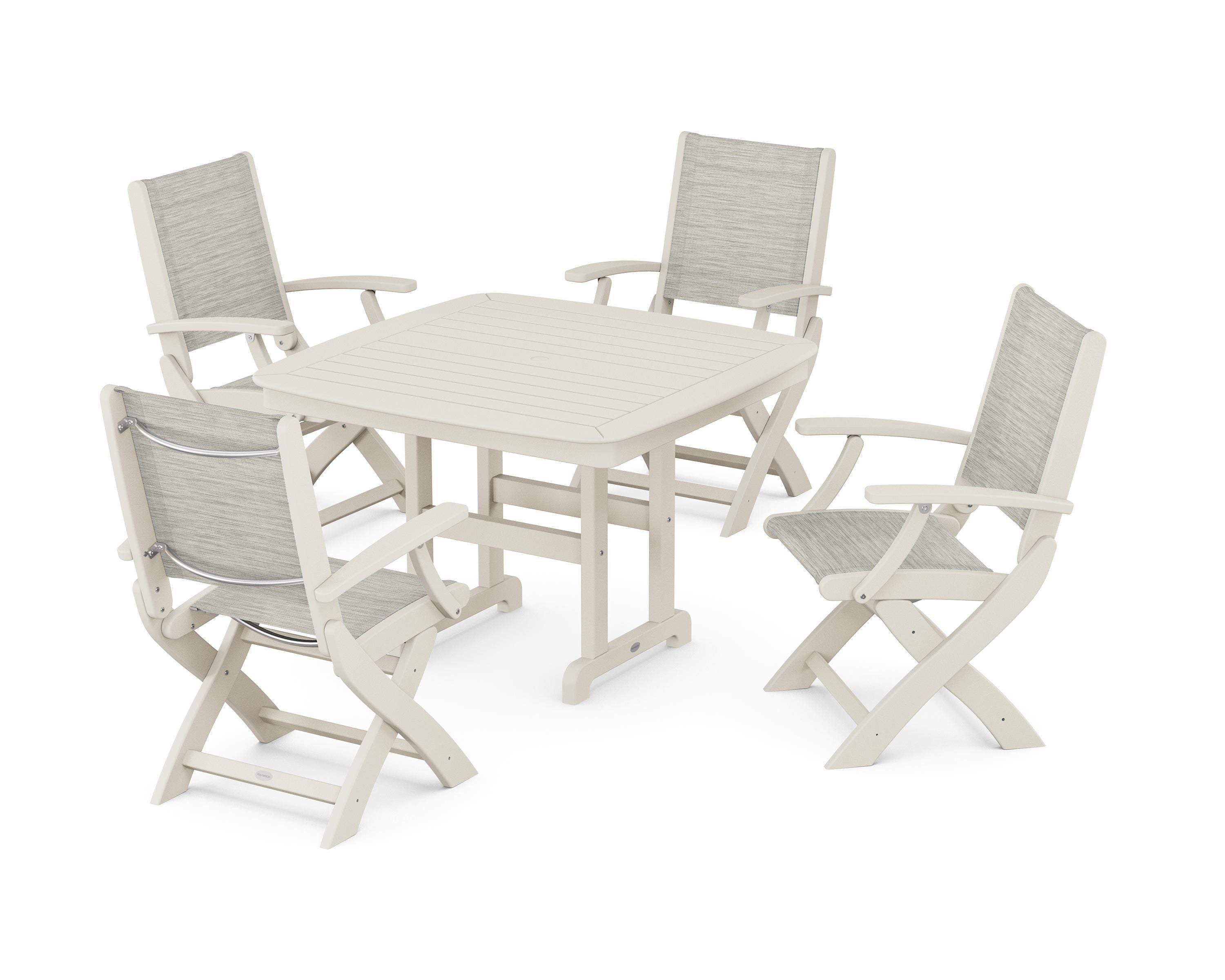 POLYWOOD® Coastal Folding Chair 5-Piece Dining Set in Sand / Birch Sling