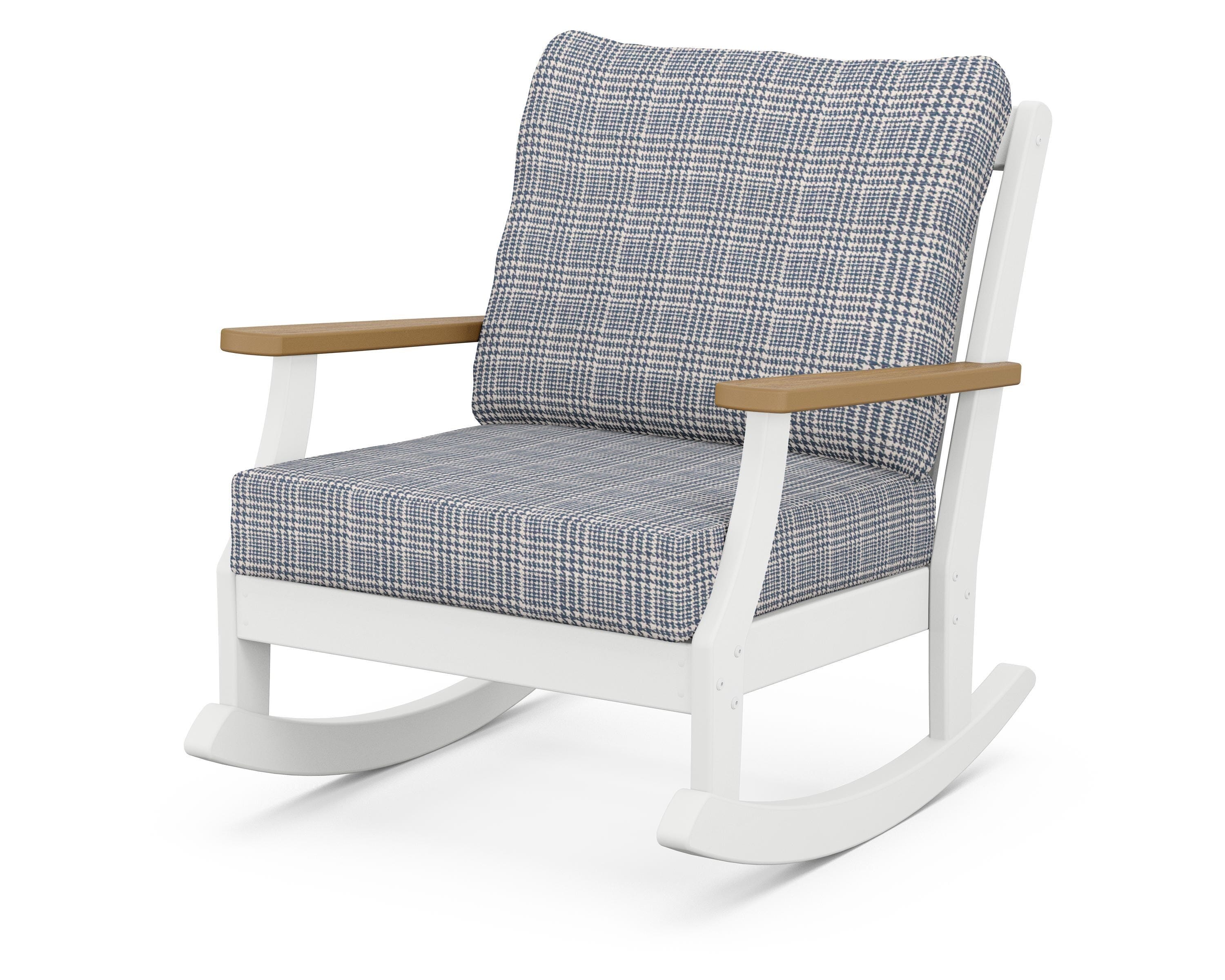 POLYWOOD® Braxton Deep Seating Rocking Chair in White / Natural / Houndstooth Sky Blue
