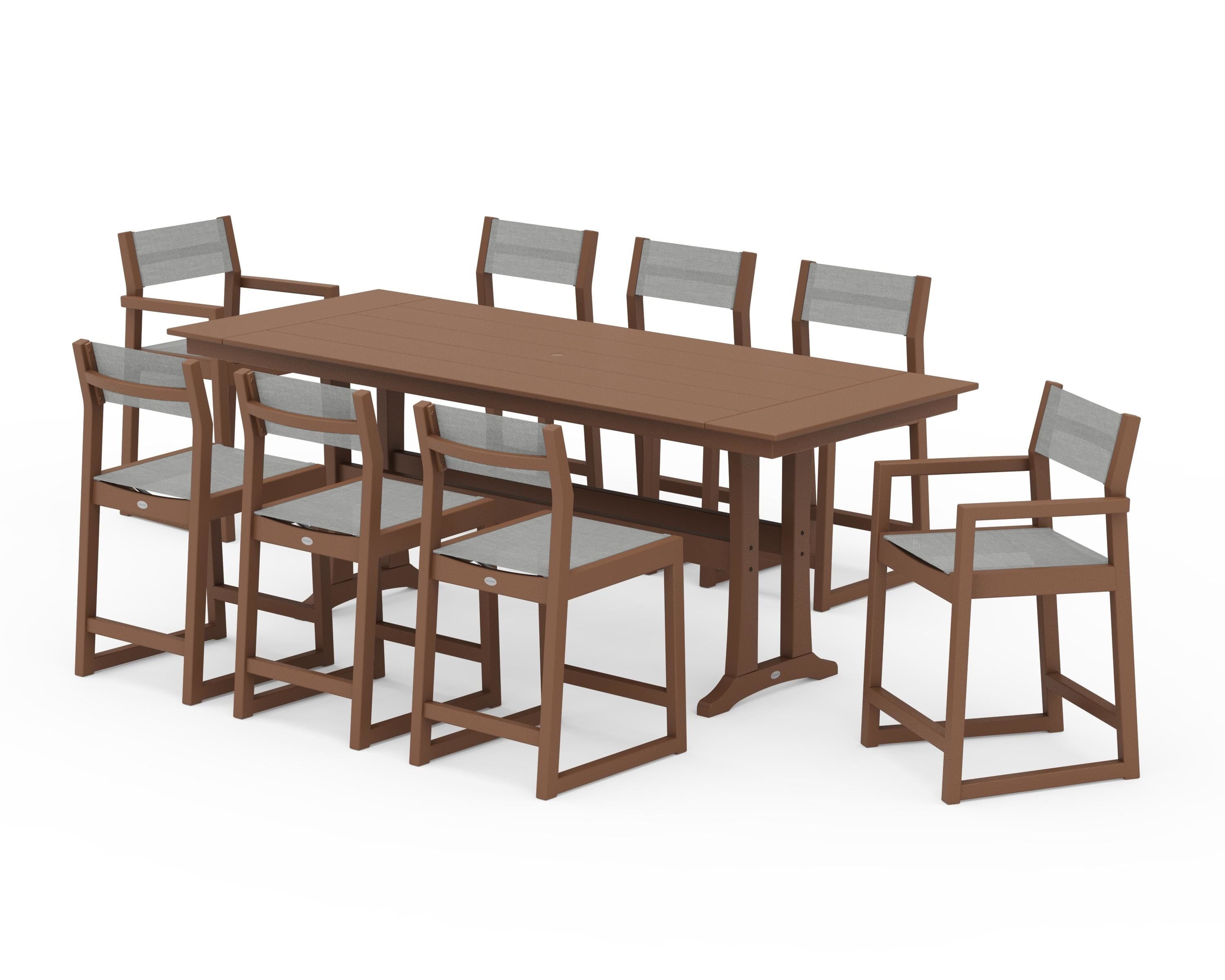 POLYWOOD® EDGE Sling 9-Piece Farmhouse Counter Set with Trestle Legs in Teak / Metallic Sling