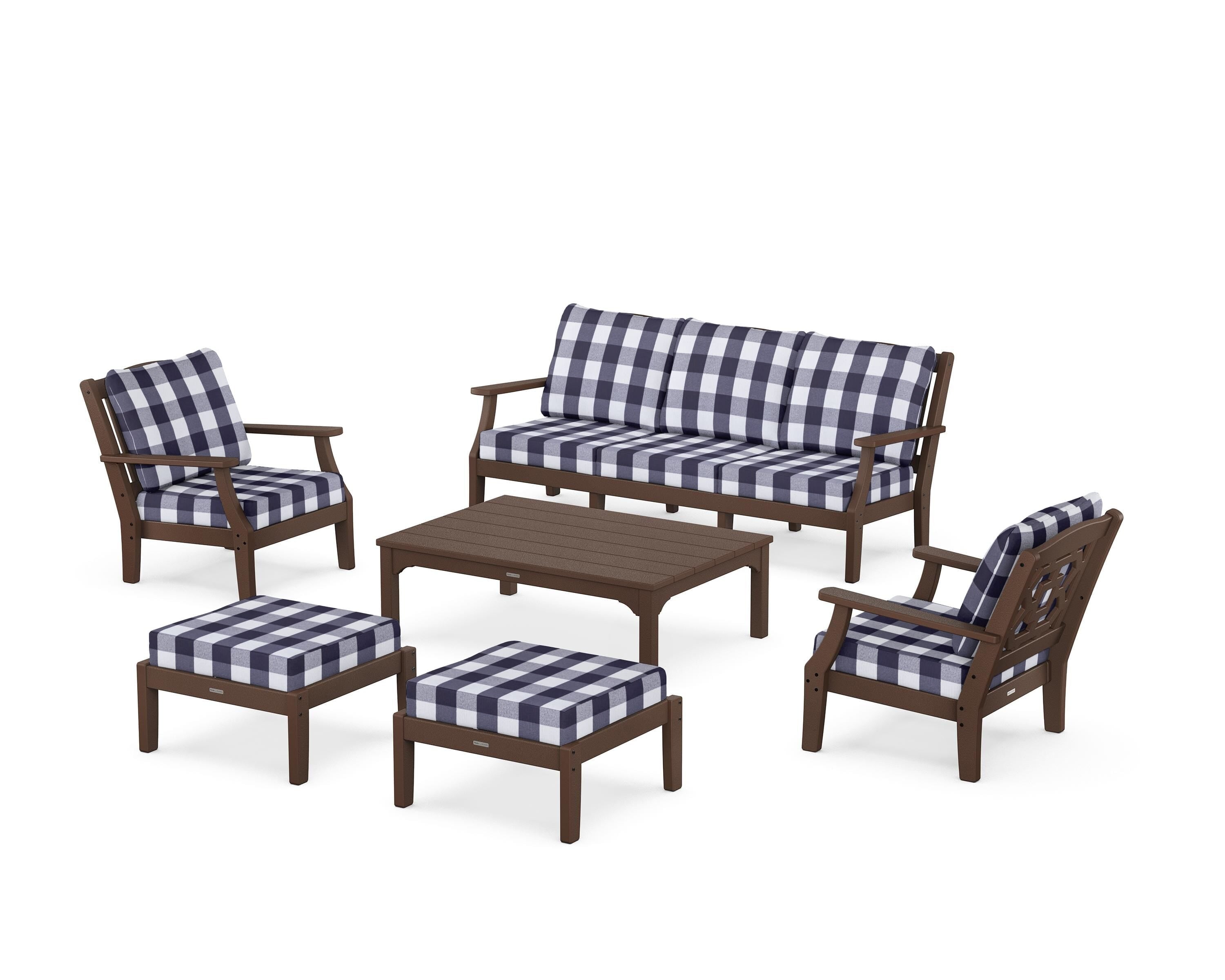 Martha Stewart by POLYWOOD® Chinoiserie 6-Piece Lounge Sofa Set in Mahogany / Buffalo Plaid Navy