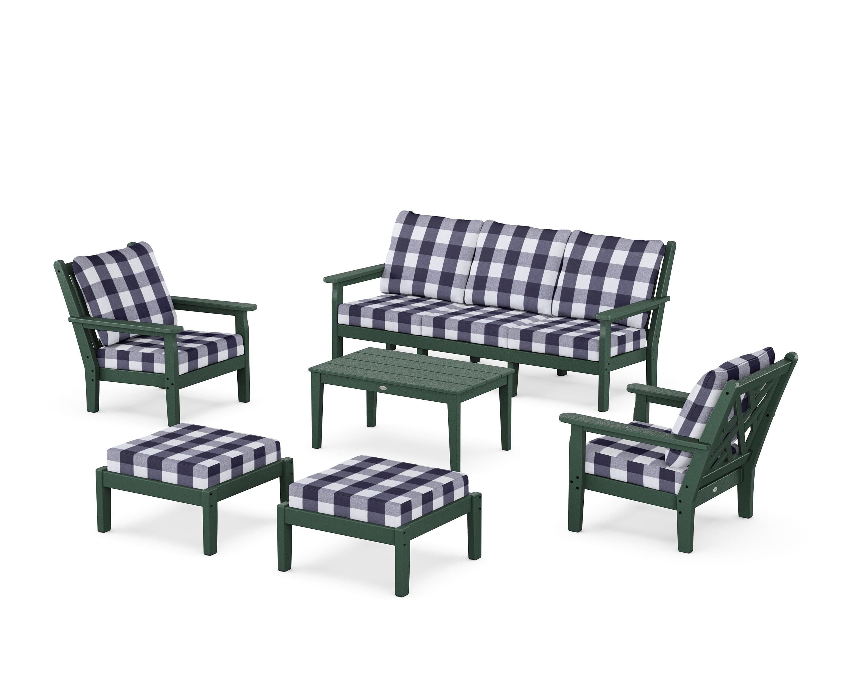 POLYWOOD® Chippendale 6-Piece Lounge Sofa Set in Green / Buffalo Plaid Navy