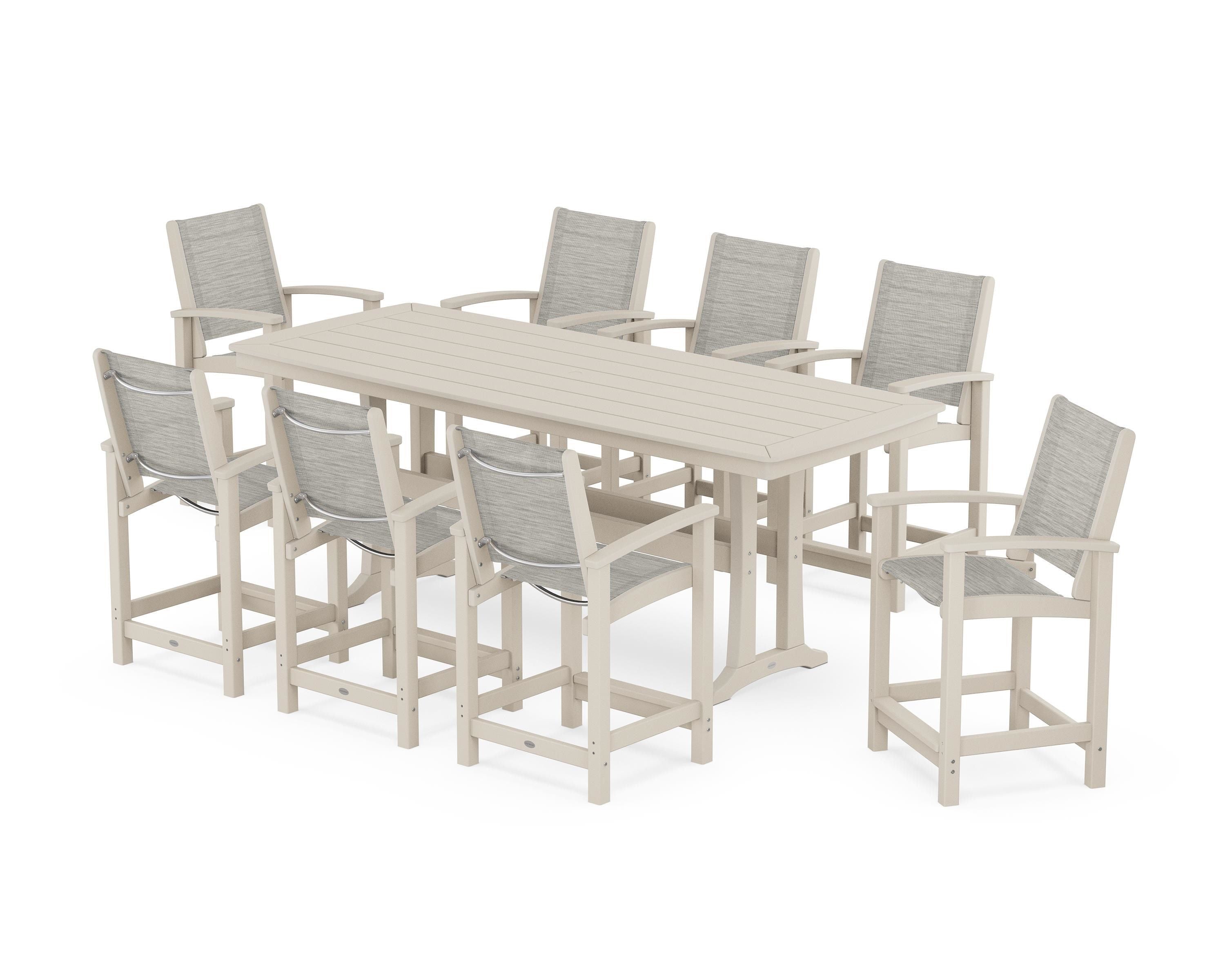 POLYWOOD® Coastal 9-Piece Counter Set with Trestle Legs in Sand / Birch Sling