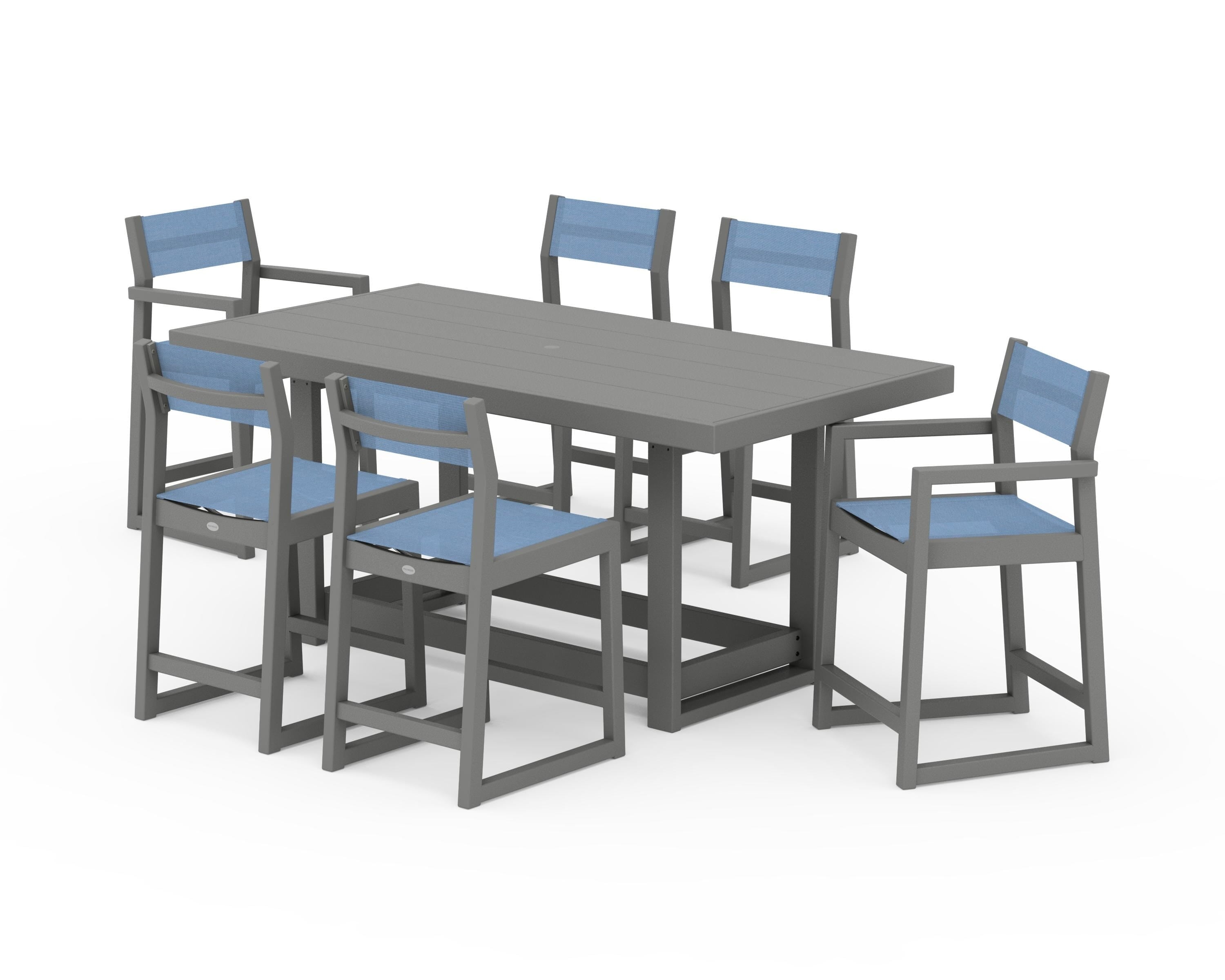 POLYWOOD® EDGE Sling 7-Piece Counter Table Set in Slate Grey / Poolside Sling