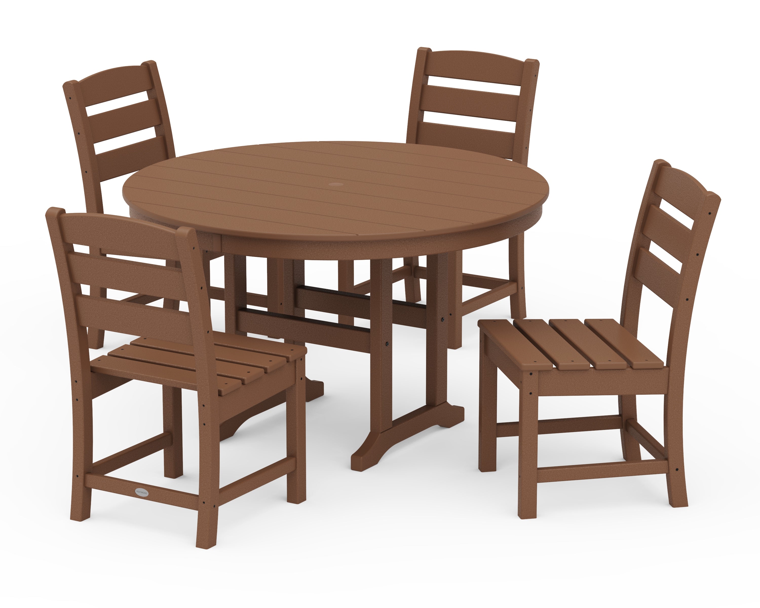 POLYWOOD® Lakeside 5-Piece Round Farmhouse Side Chair Dining Set in Teak