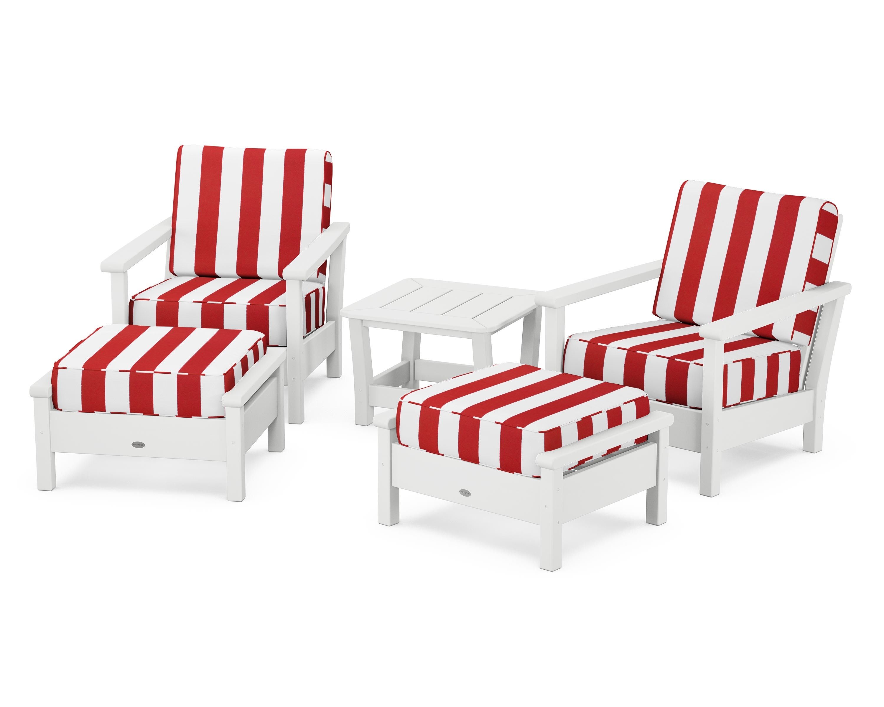 POLYWOOD® Harbour 5-Piece Deep Seating Chair Set in White / Cabana Stripe Crimson