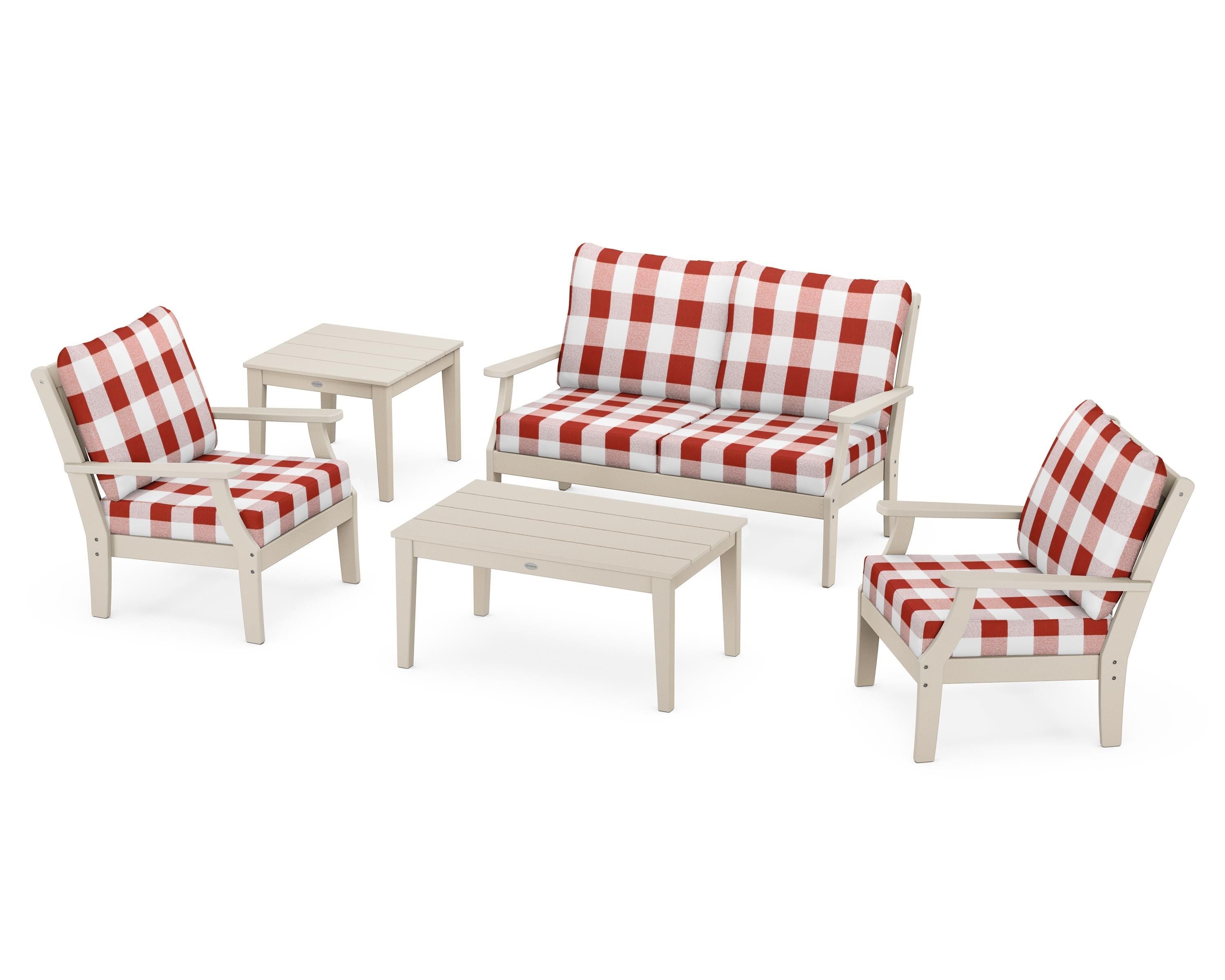 POLYWOOD® Braxton 5-Piece Deep Seating Set in Sand / Buffalo Plaid Crimson