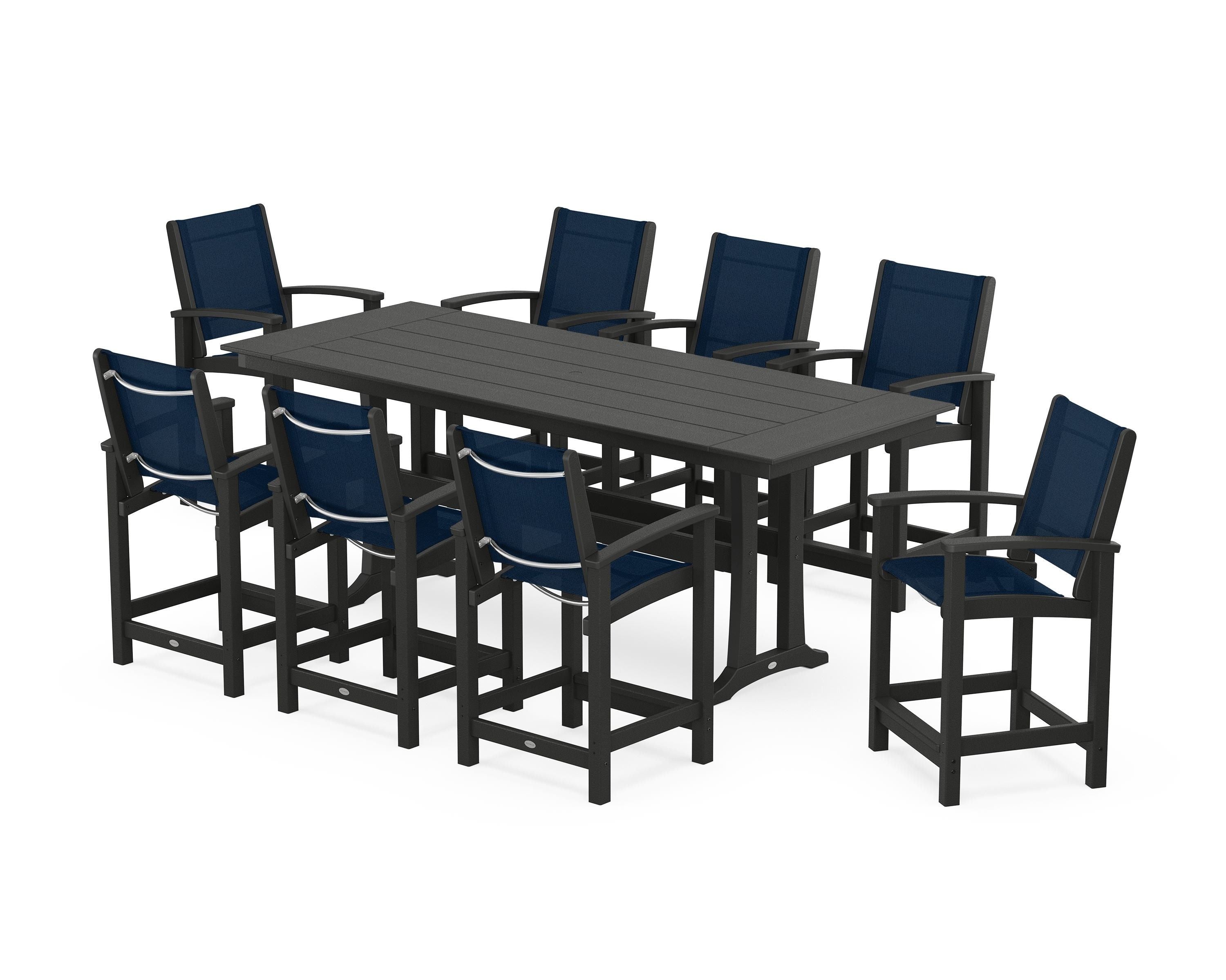 POLYWOOD® Coastal 9-Piece Farmhouse Counter Set with Trestle Legs in Black / Navy Blue Sling
