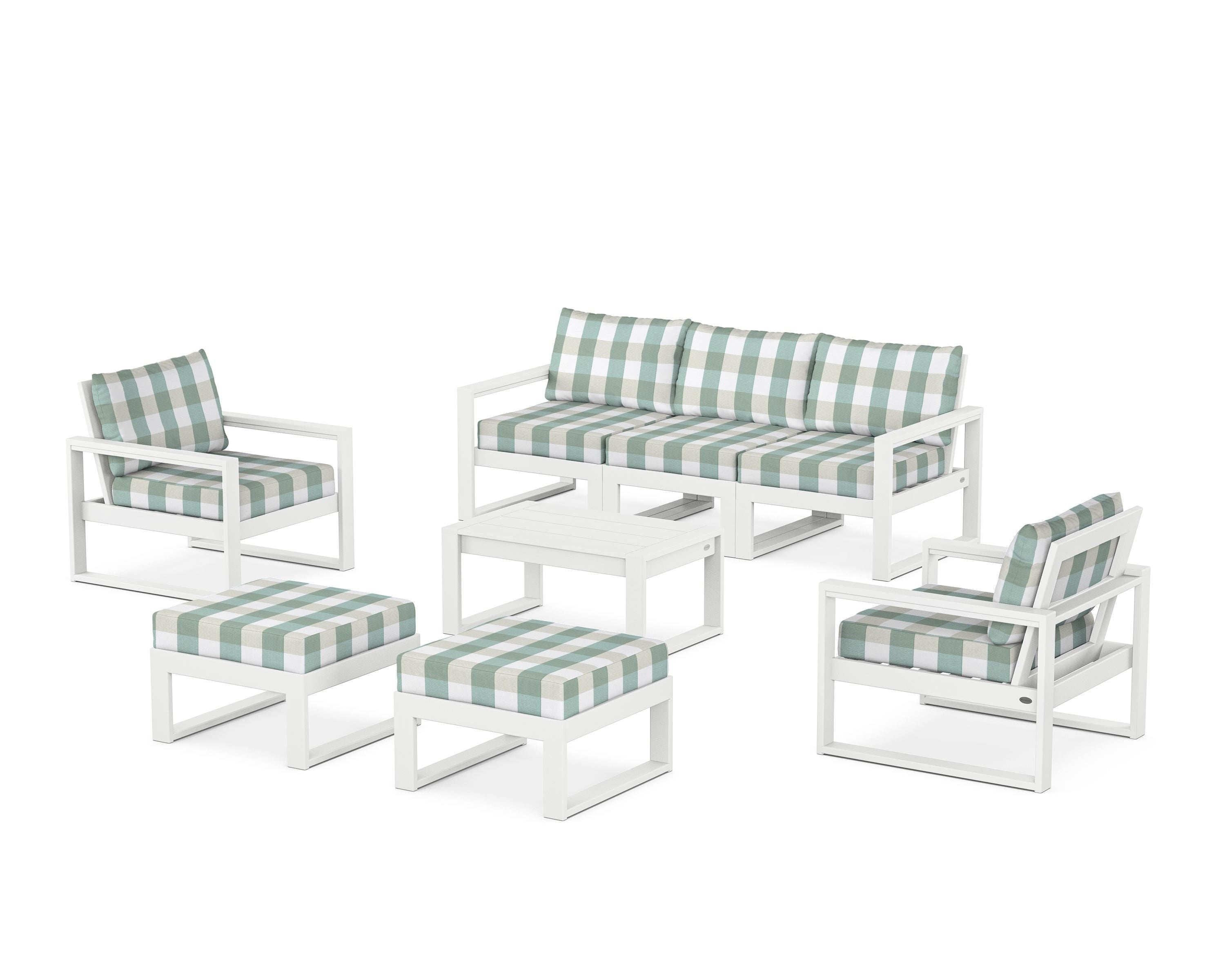 POLYWOOD® EDGE Sectional 8-Piece Lounge Sofa Set in White / Buffalo Plaid Glacier Spa