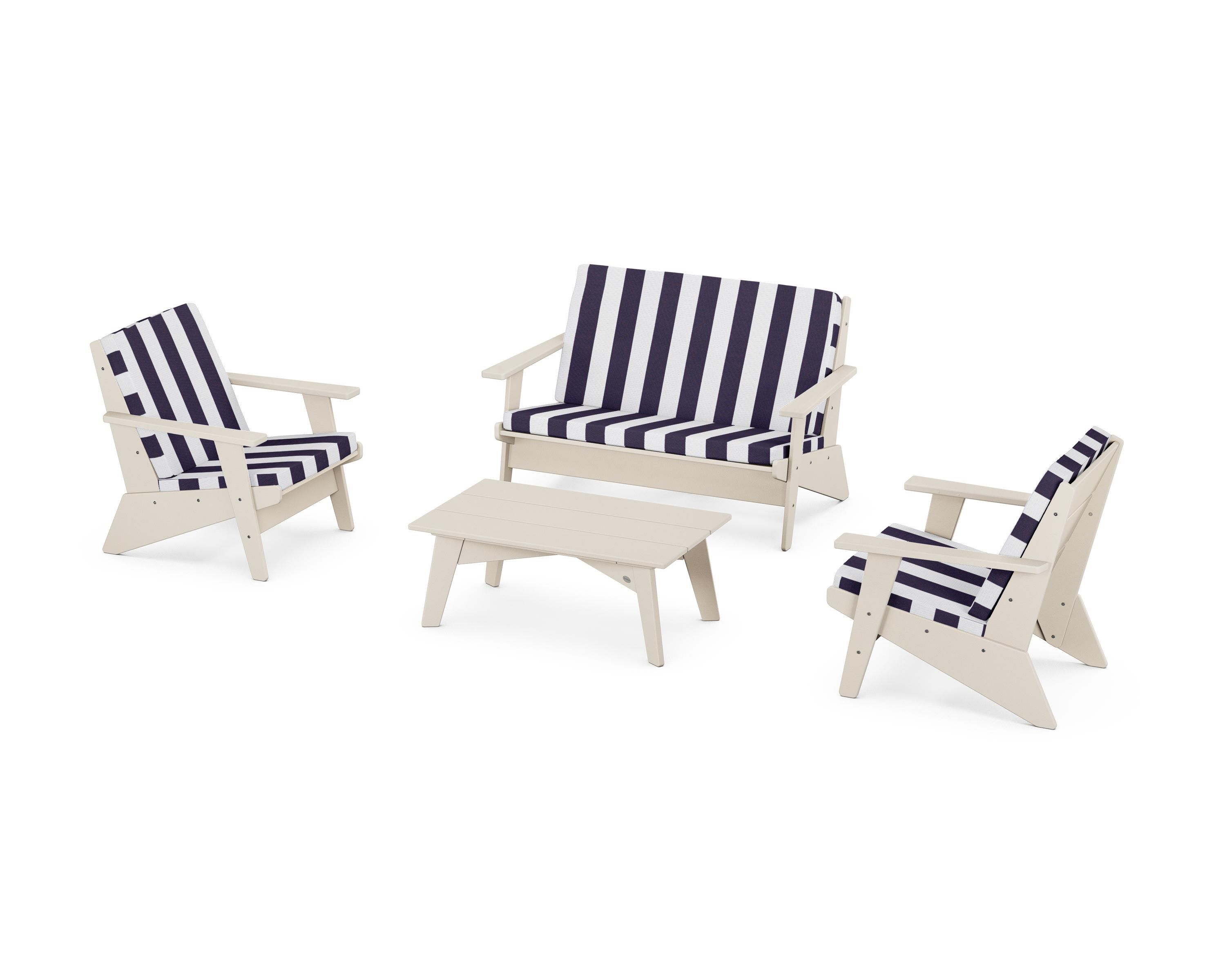 POLYWOOD® Riviera Modern Lounge 4-Piece Set in Sand / Cabana Stripe Navy