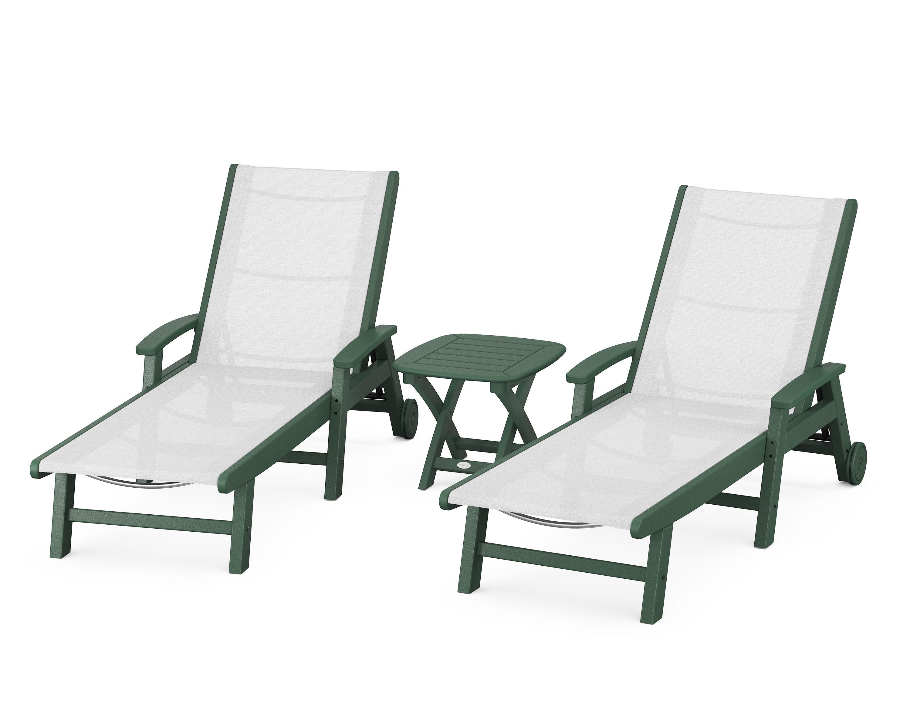 POLYWOOD® Coastal 3-Piece Wheeled Chaise Set in Green / White Sling