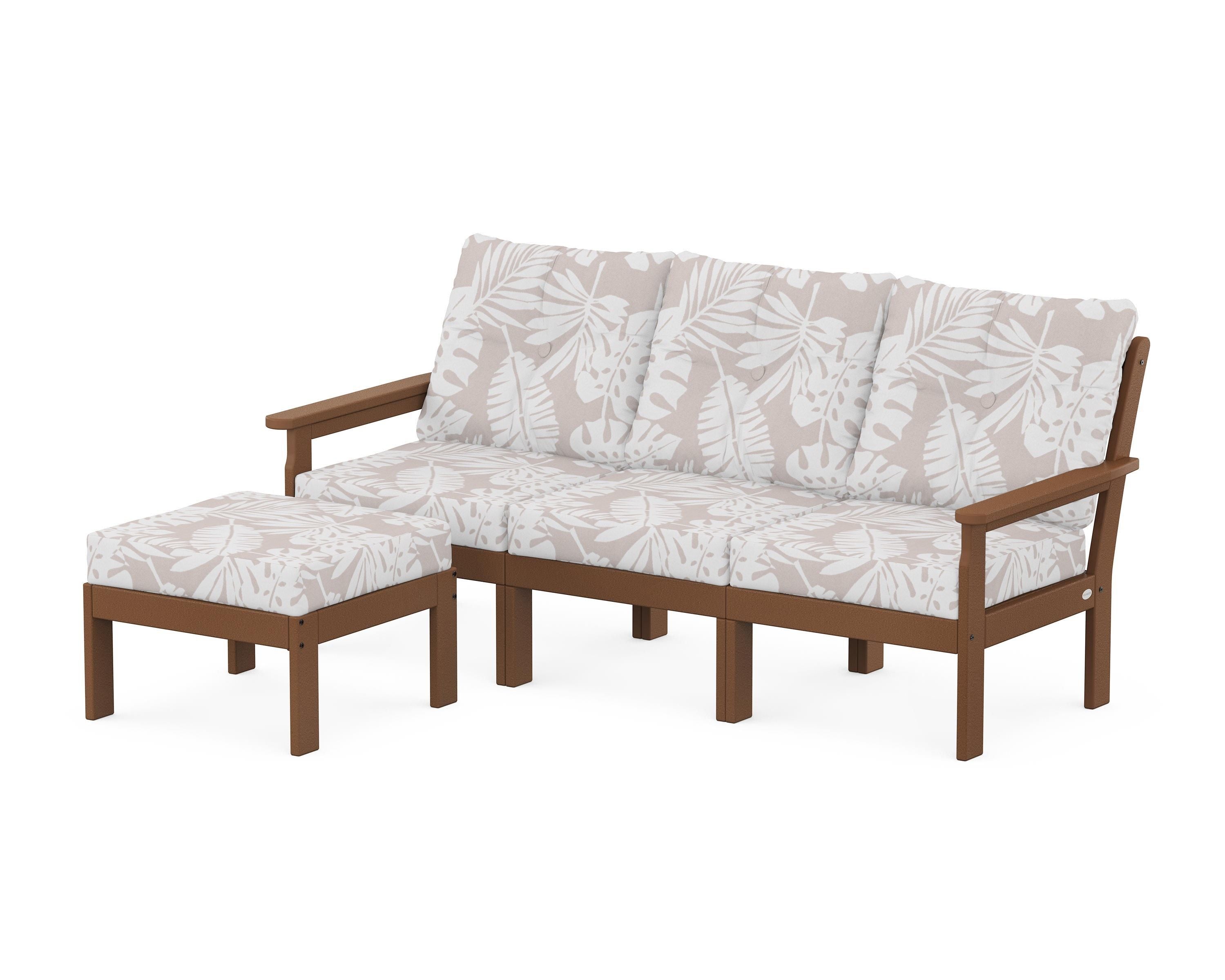 POLYWOOD® Vineyard 4-Piece Sectional with Ottoman in Teak / Leaf Dune Burlap