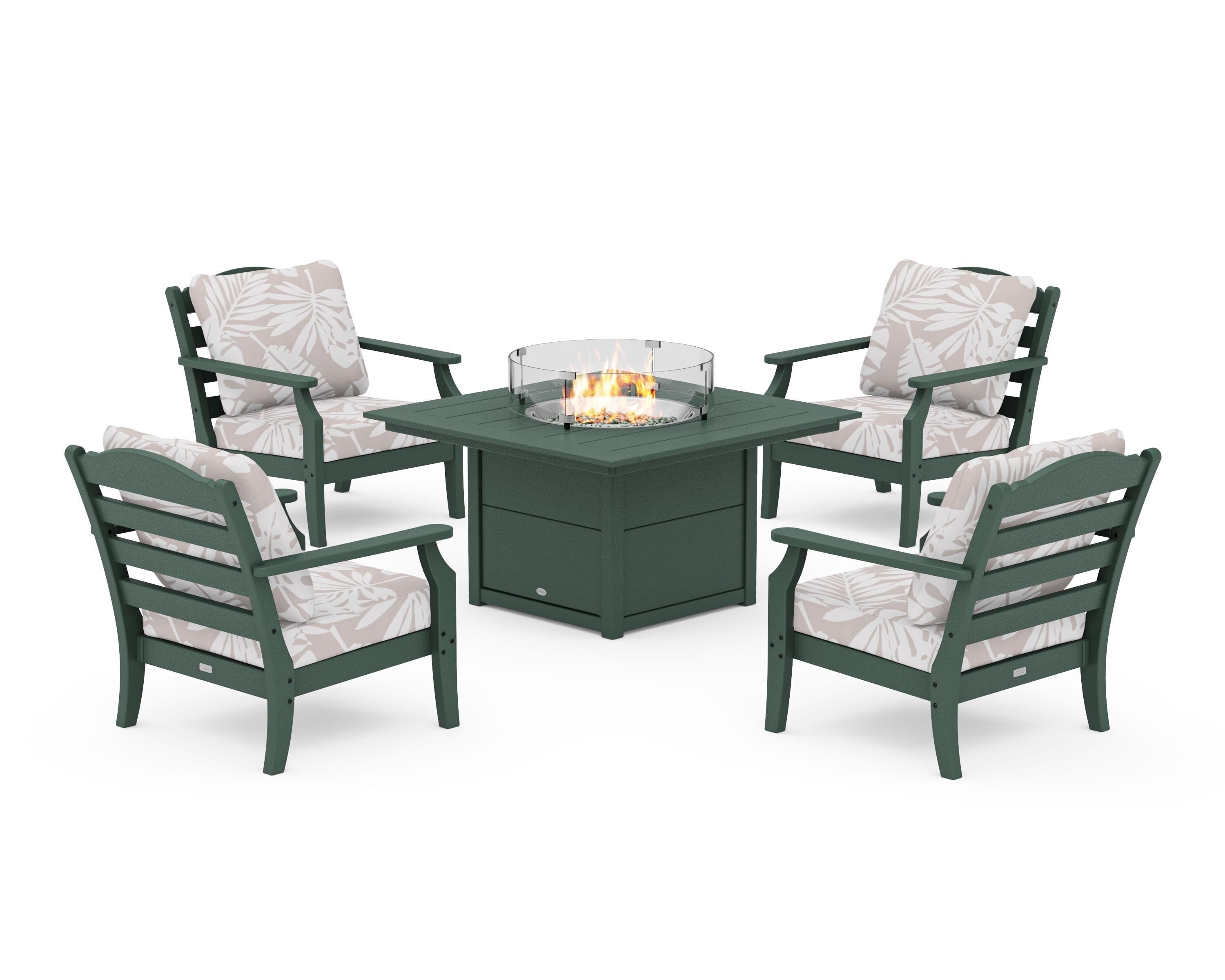 Draper James™ by POLYWOOD® Savannah 5-Piece Deep Seating Set with Fire Pit Table in Green / Leaf Dune Burlap